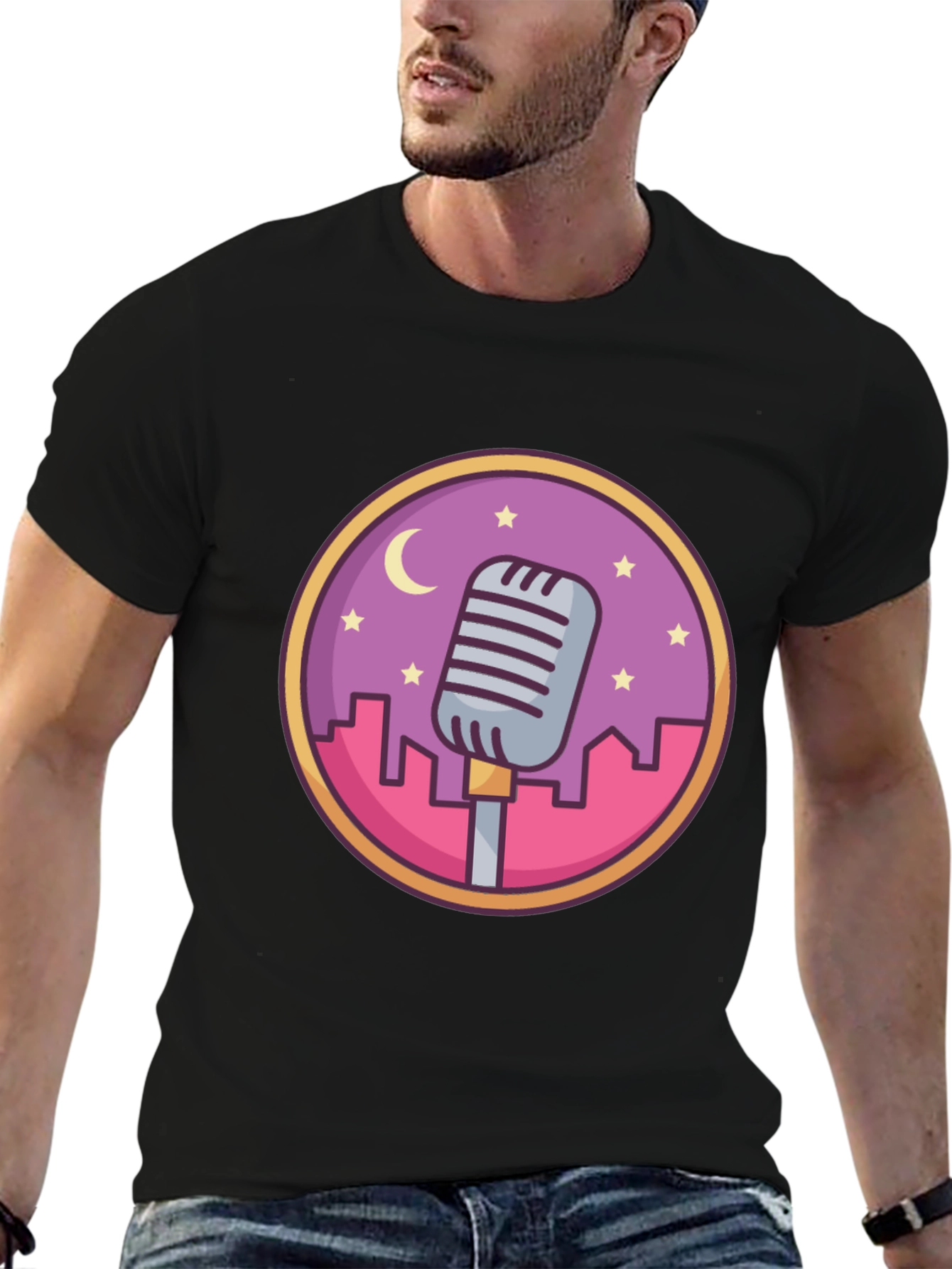 Retro Microphone Cityscape Graphic Tee