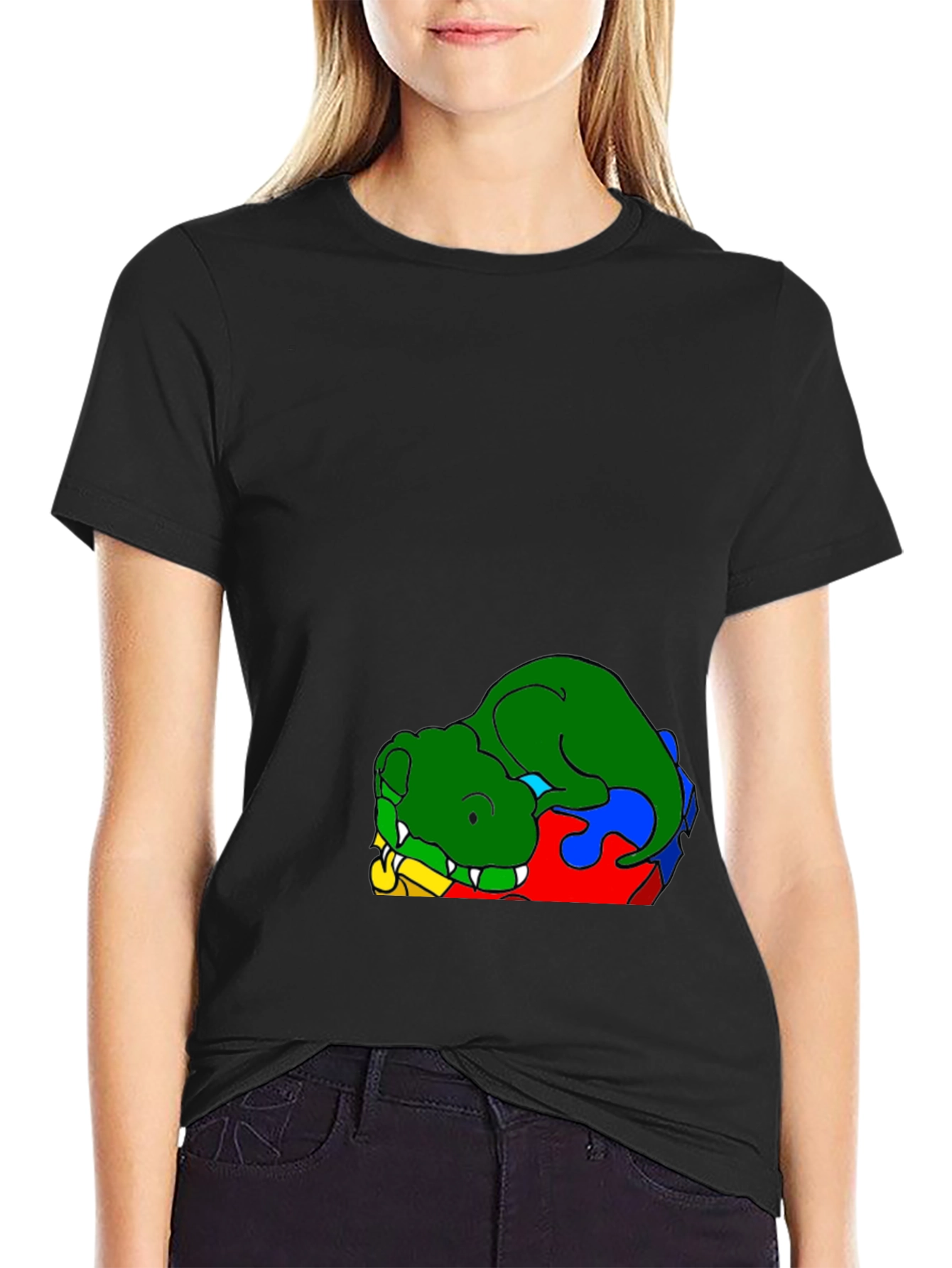 Cartoon Dinosaur Graphic Print Black T-Shirt