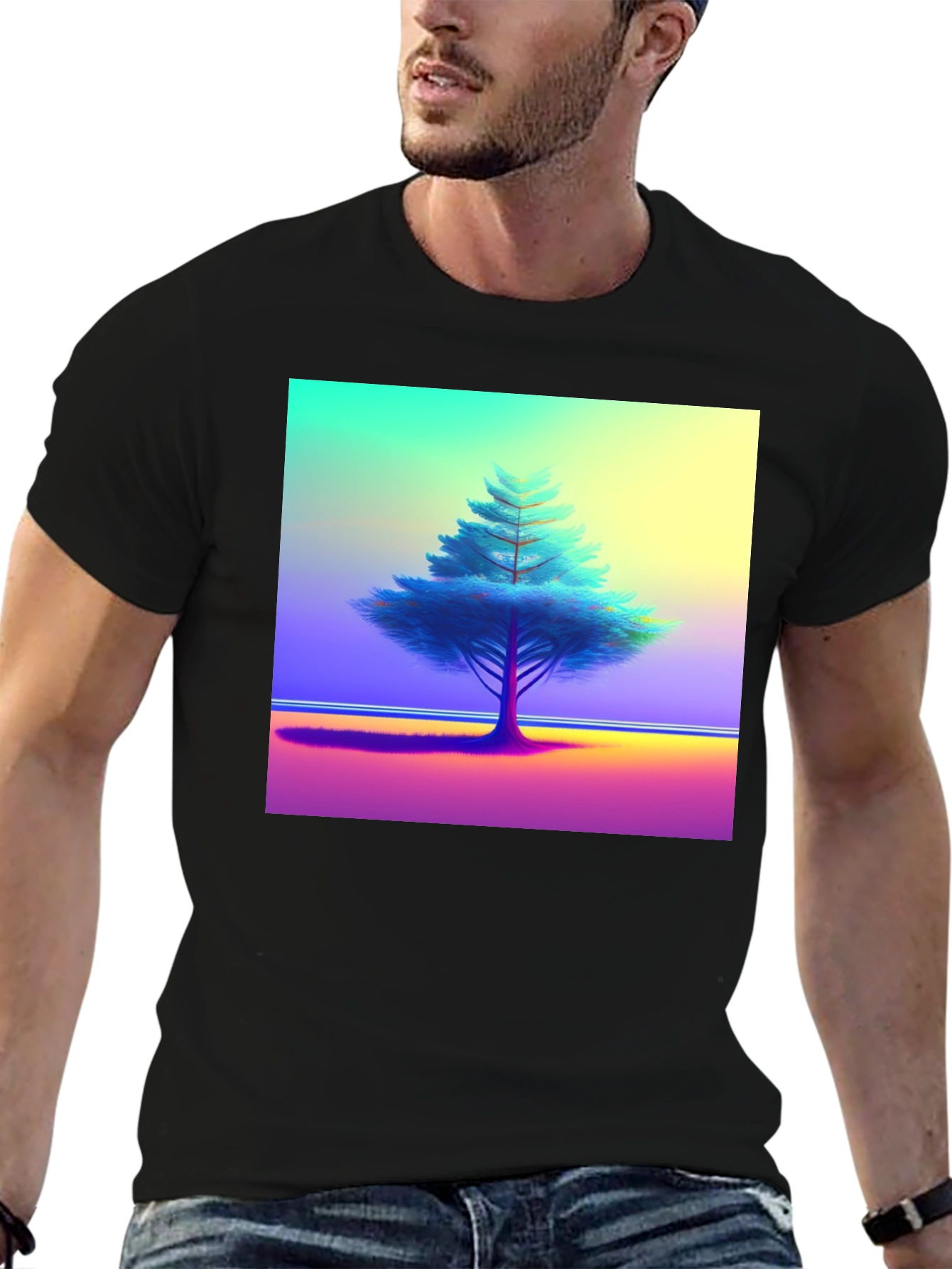 Vibrant Tree Graphic Tee - Black Cotton Blend