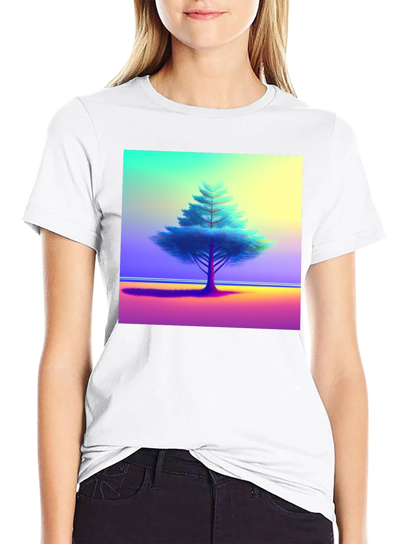 Vibrant Tree Graphic Tee - Black Cotton Blend