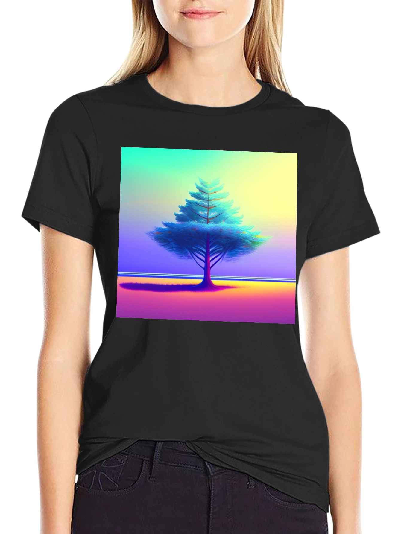 Vibrant Tree Graphic Tee - Black Cotton Blend