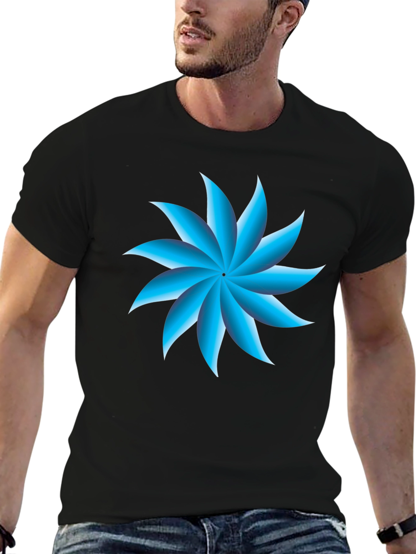 Blue Petal Graphic Black T-Shirt