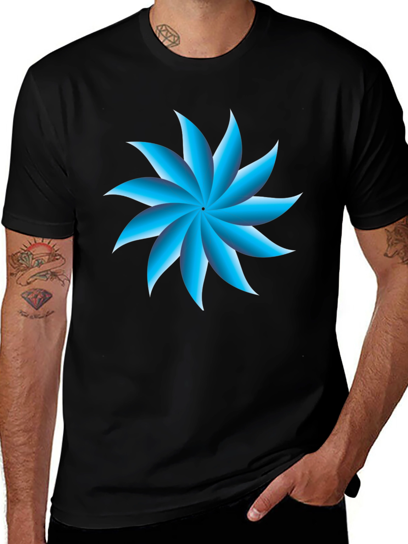 Blue Petal Graphic Black T-Shirt