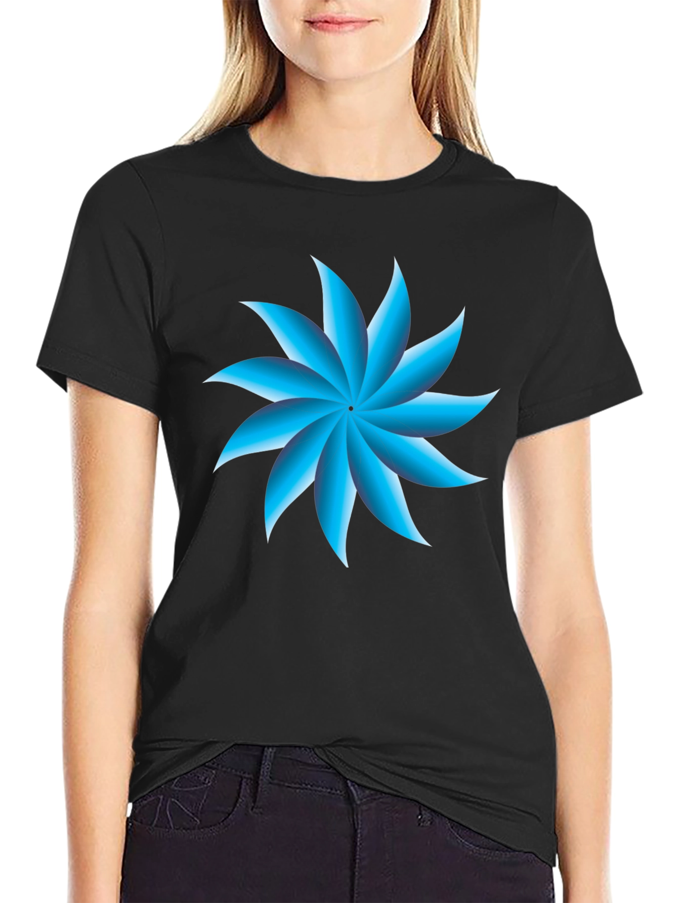 Blue Petal Graphic Black T-Shirt