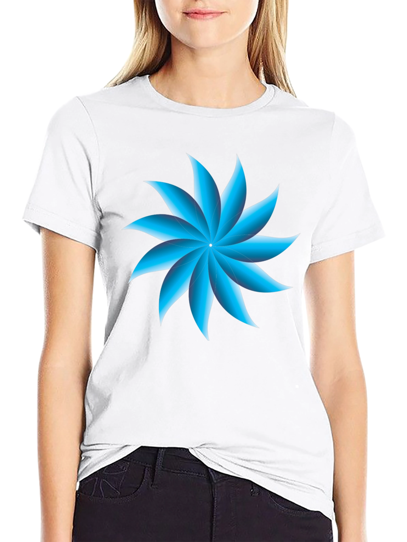 Blue Petal Graphic Black T-Shirt