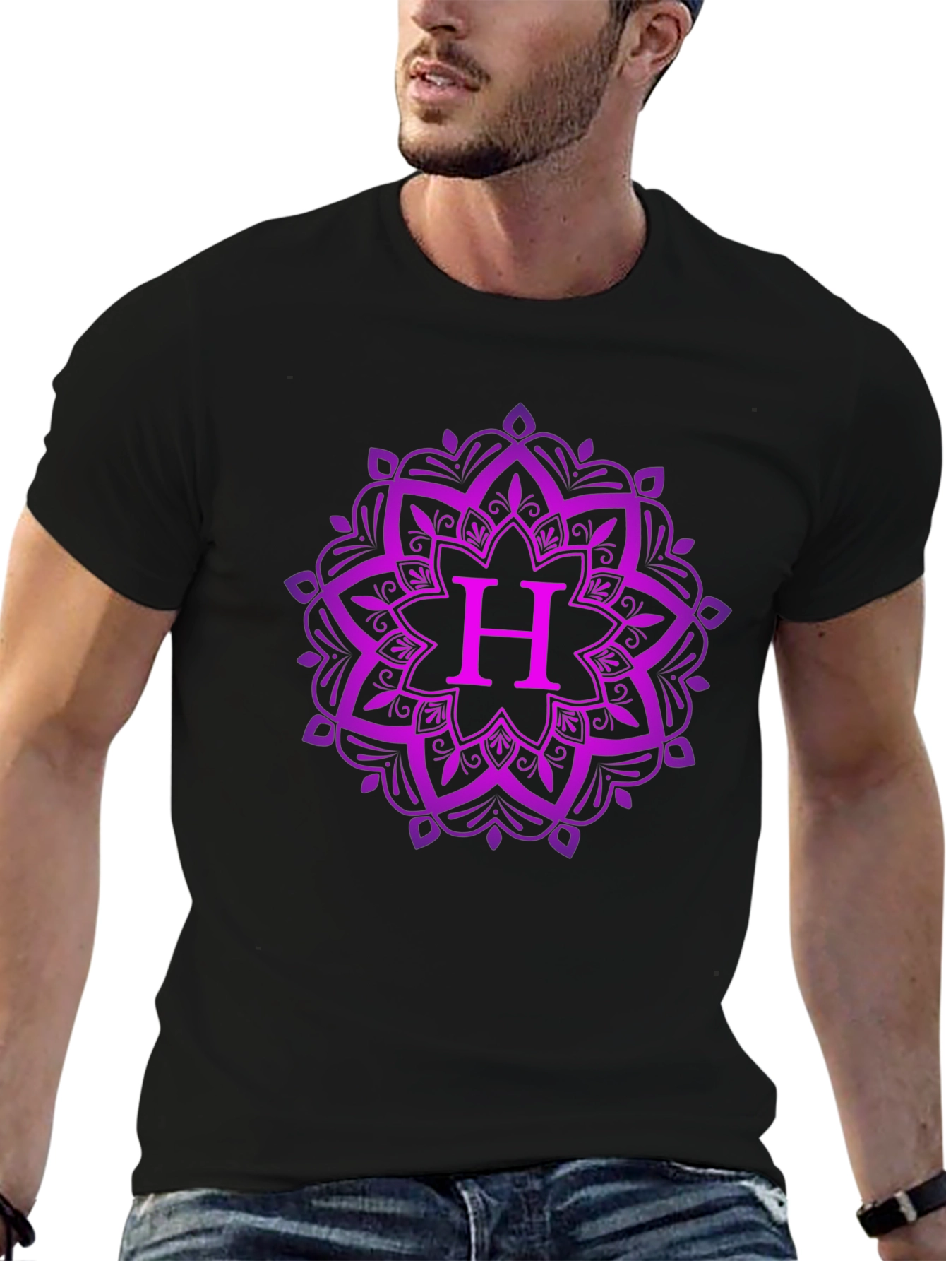 Purple Mandala H Initial Black T-Shirt