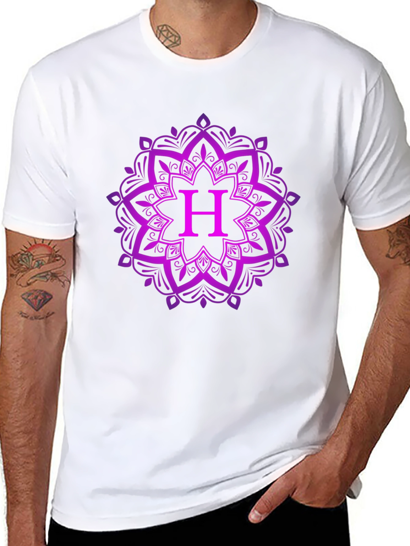 Purple Mandala H Initial Black T-Shirt