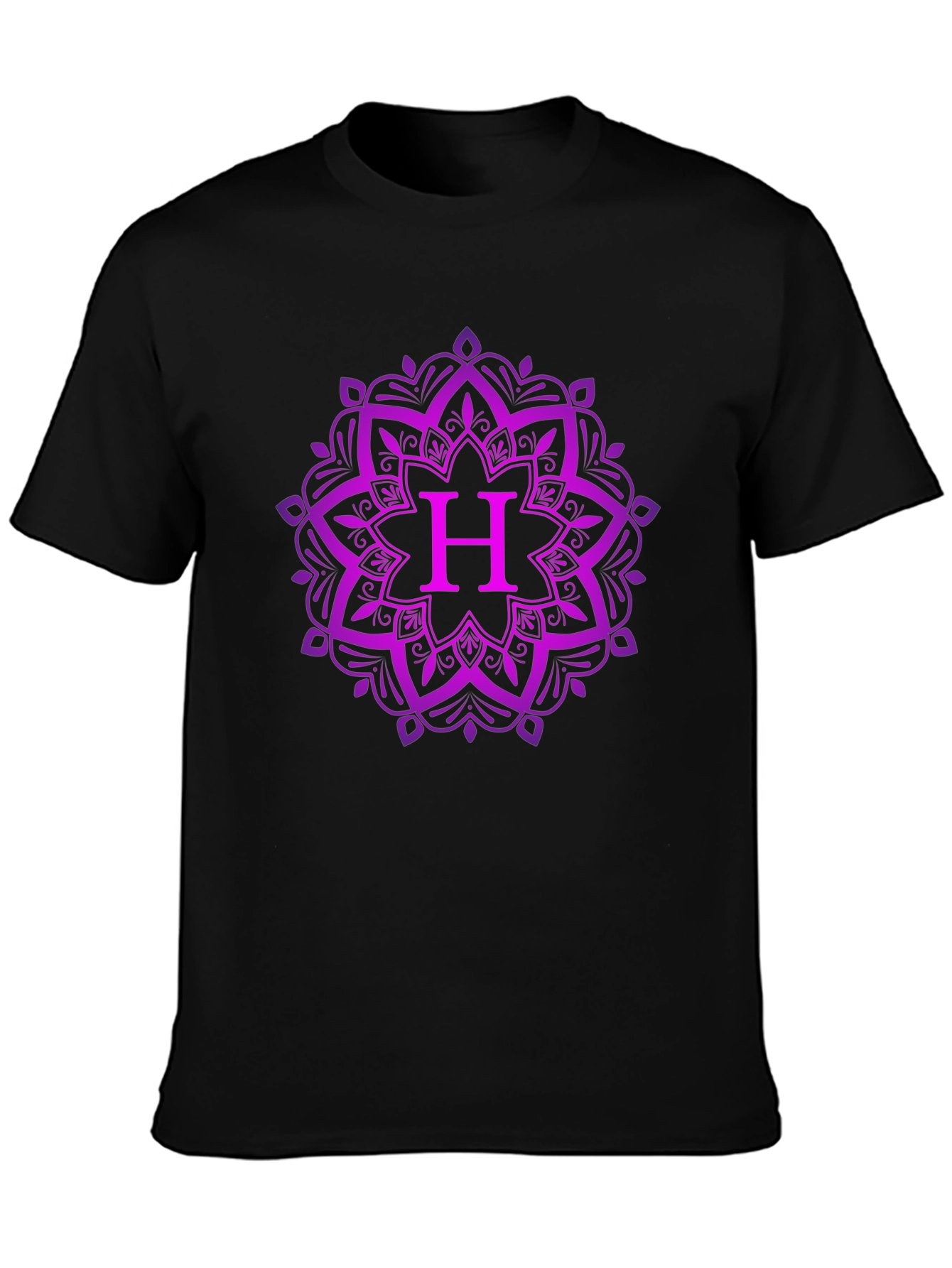 Purple Mandala H Initial Black T-Shirt