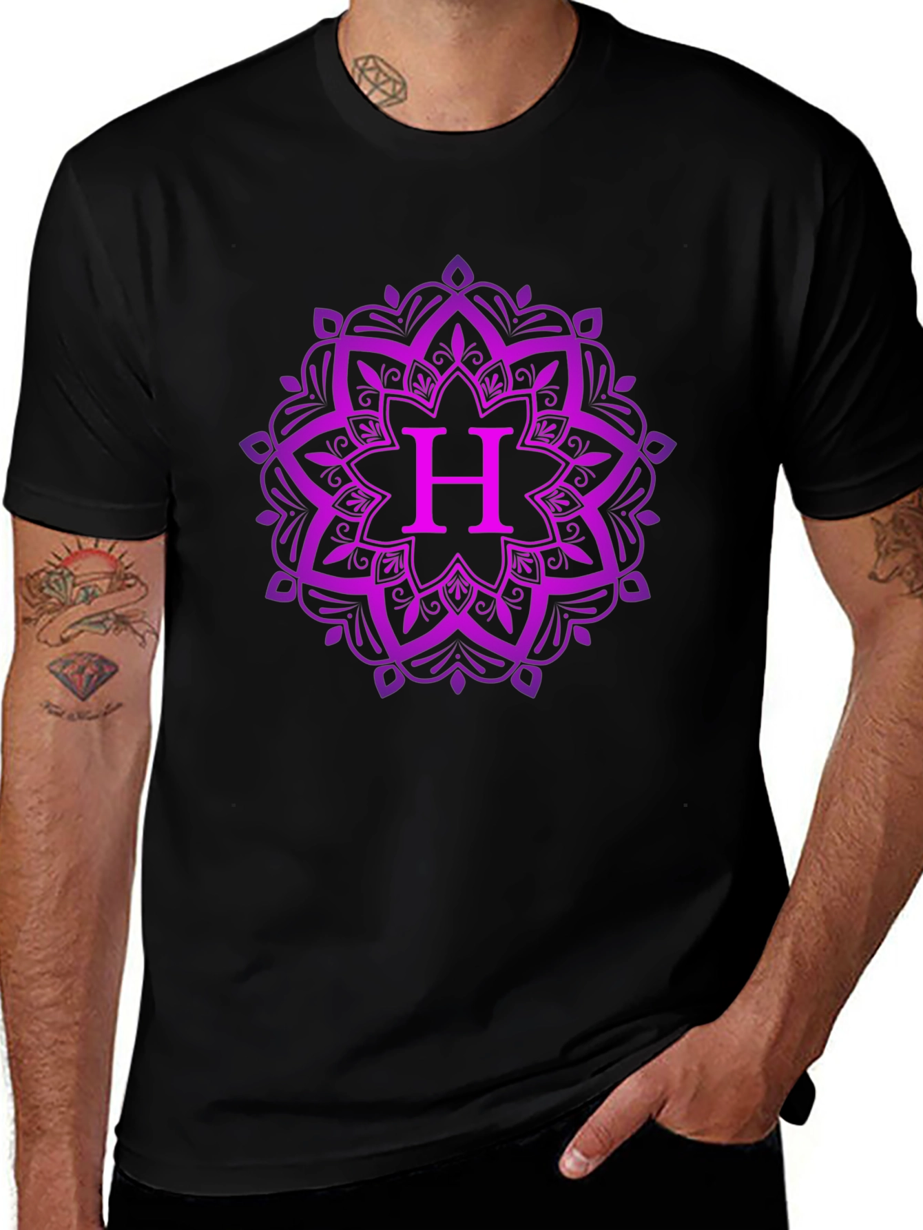 Purple Mandala H Initial Black T-Shirt