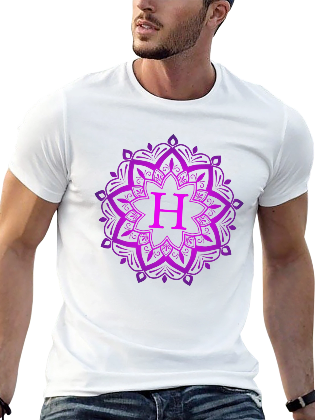 Purple Mandala H Initial Black T-Shirt