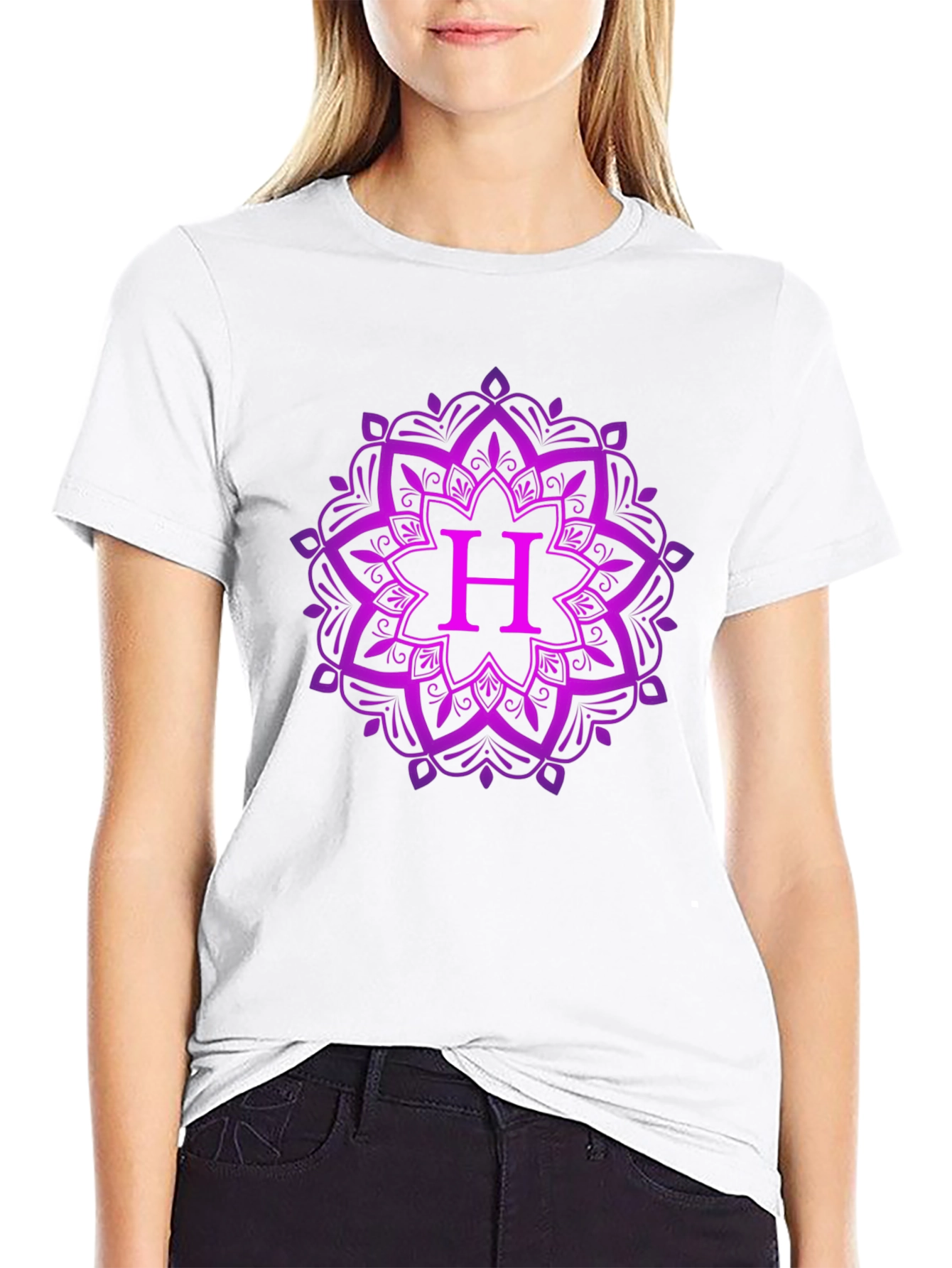 Purple Mandala H Initial Black T-Shirt