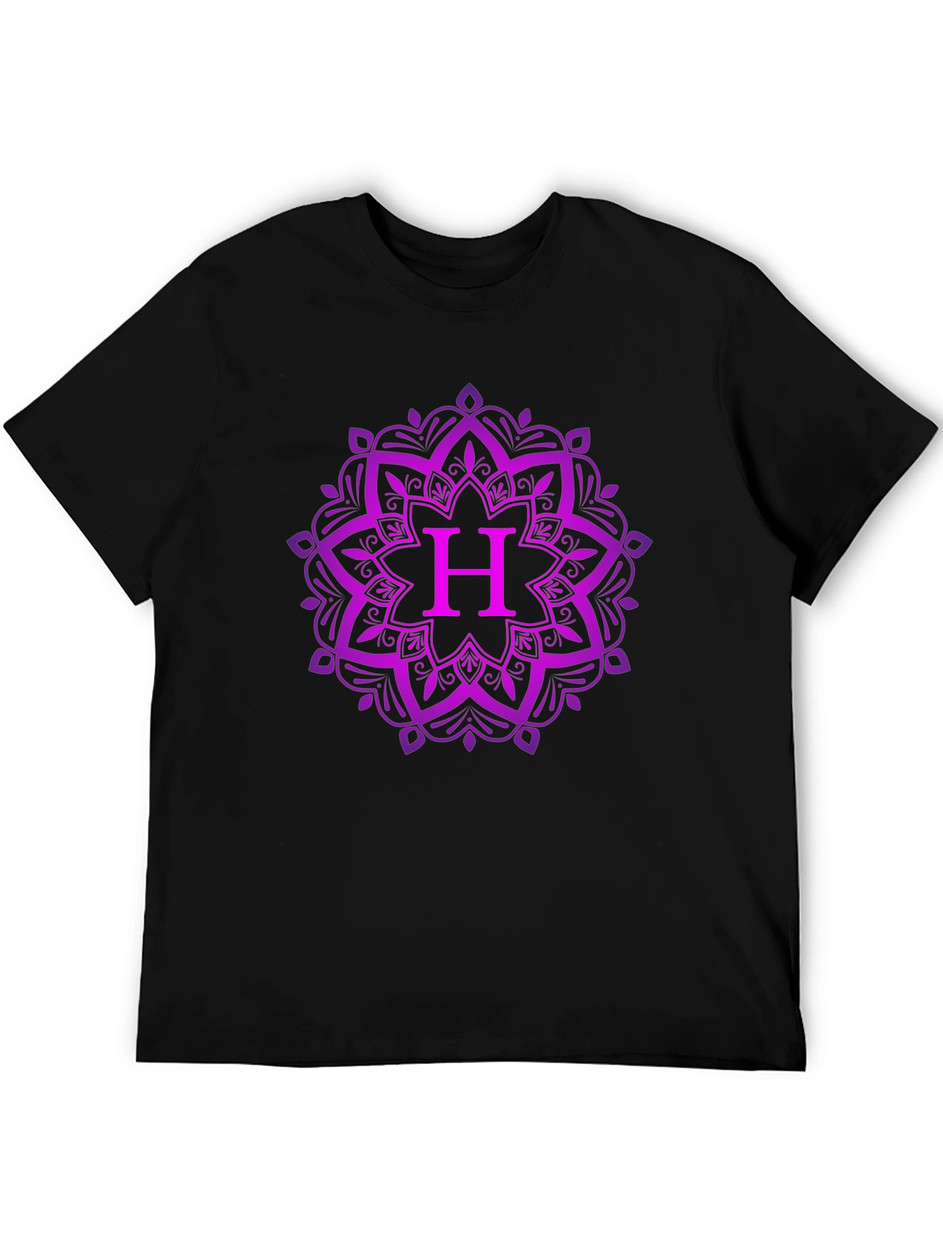 Purple Mandala H Initial Black T-Shirt