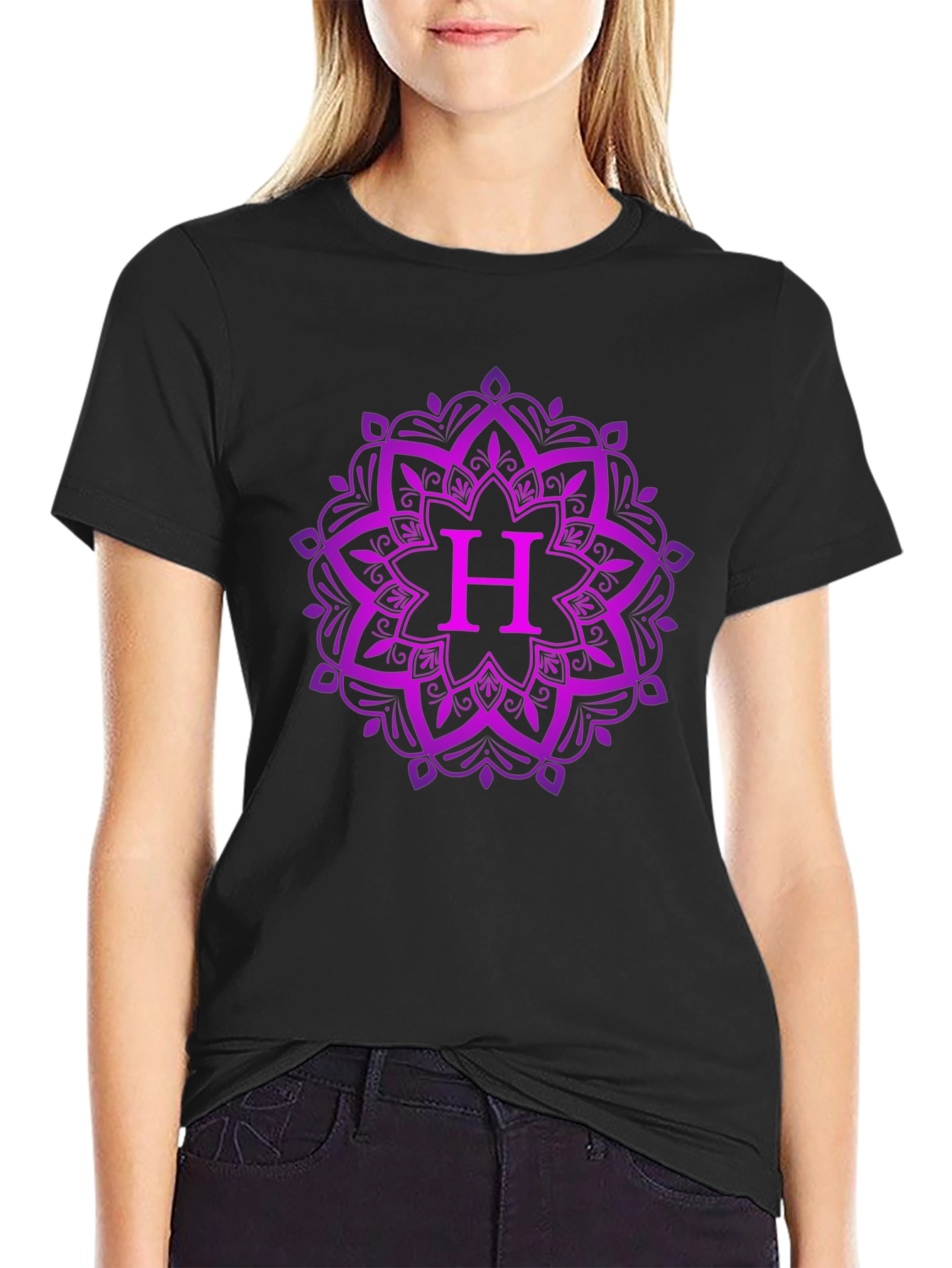 Purple Mandala H Initial Black T-Shirt