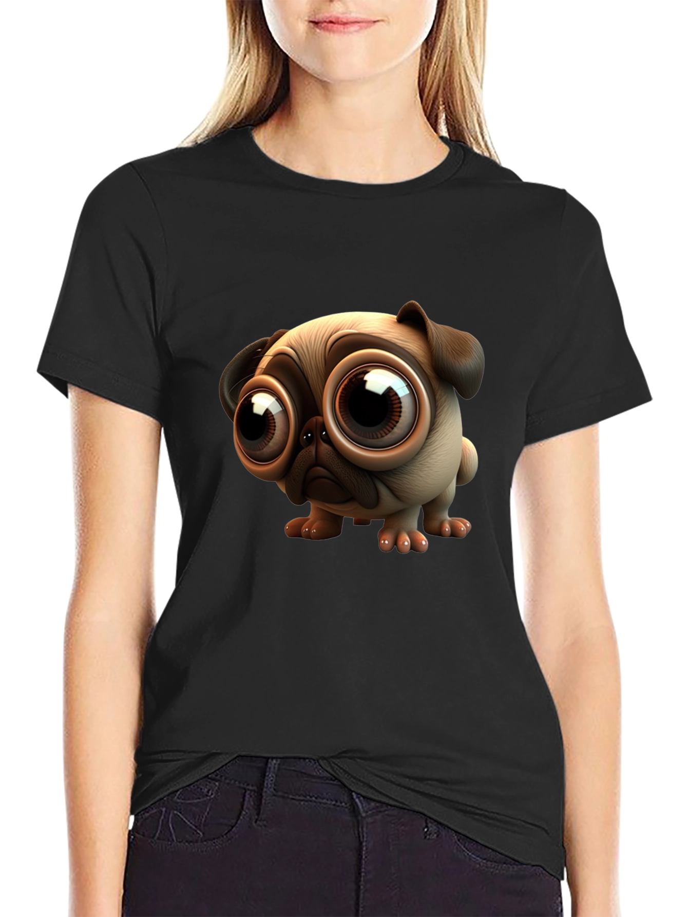 Pug Cartoon Graphic Black T-Shirt