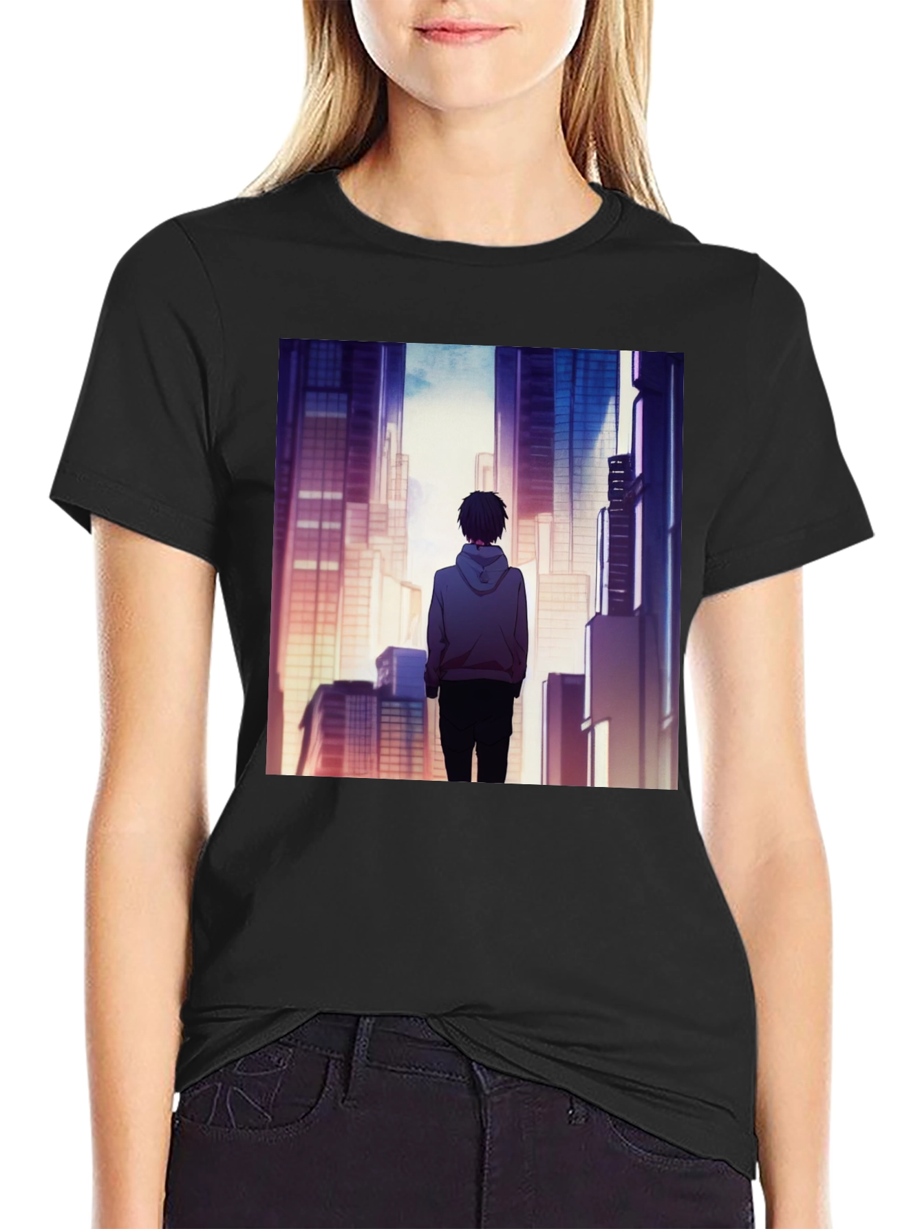 Anime Cityscape Graphic Black T-Shirt