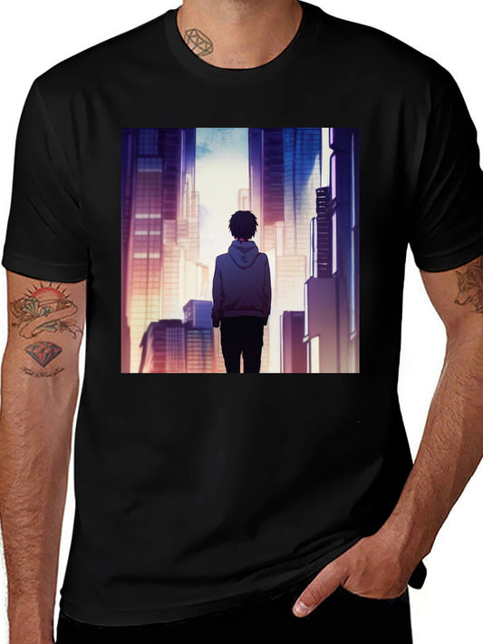 Anime Cityscape Graphic Black T-Shirt