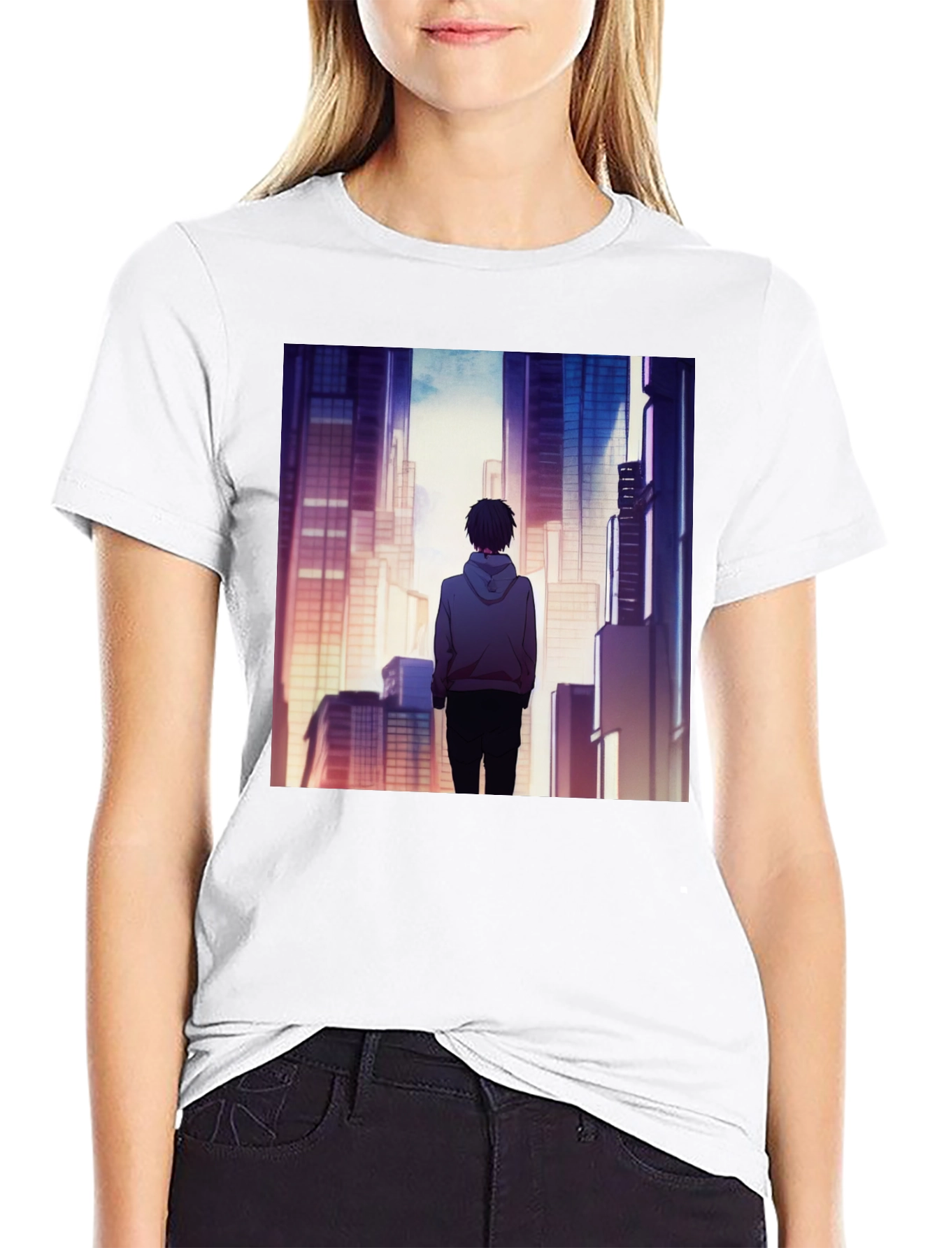 Anime Cityscape Graphic Black T-Shirt