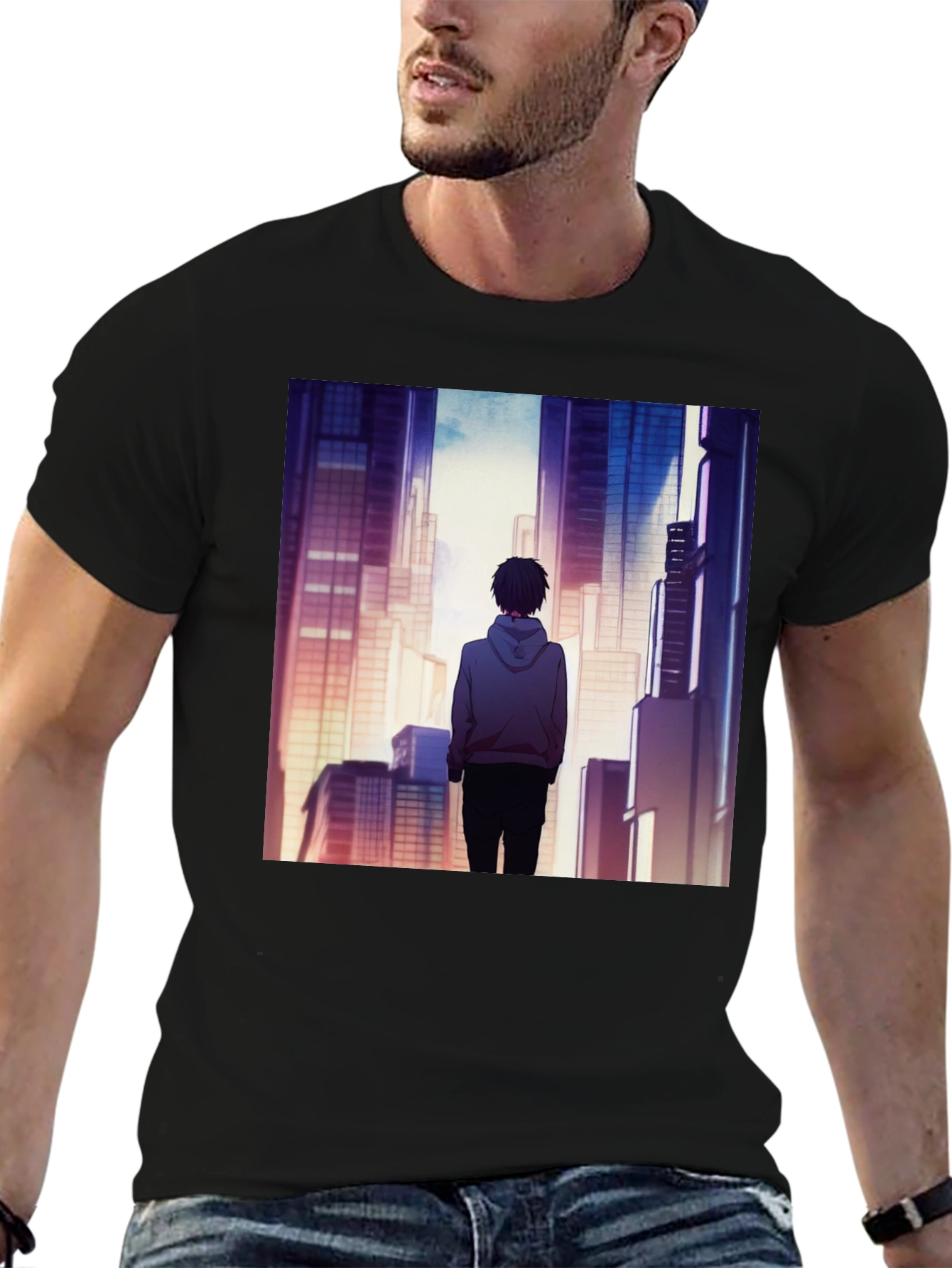 Anime Cityscape Graphic Black T-Shirt