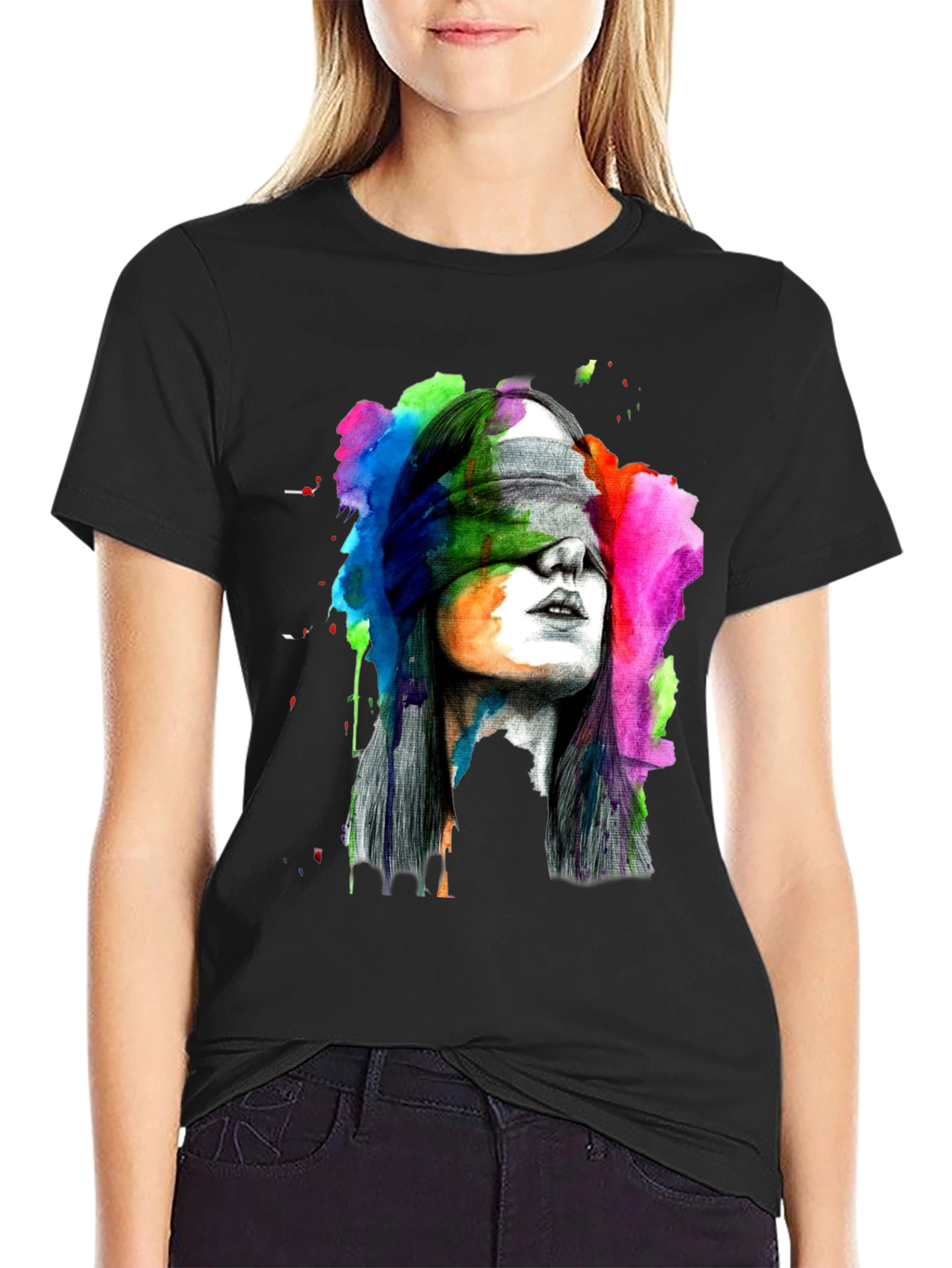Blindfolded Woman Graphic Tee - Artistic Black T-Shirt
