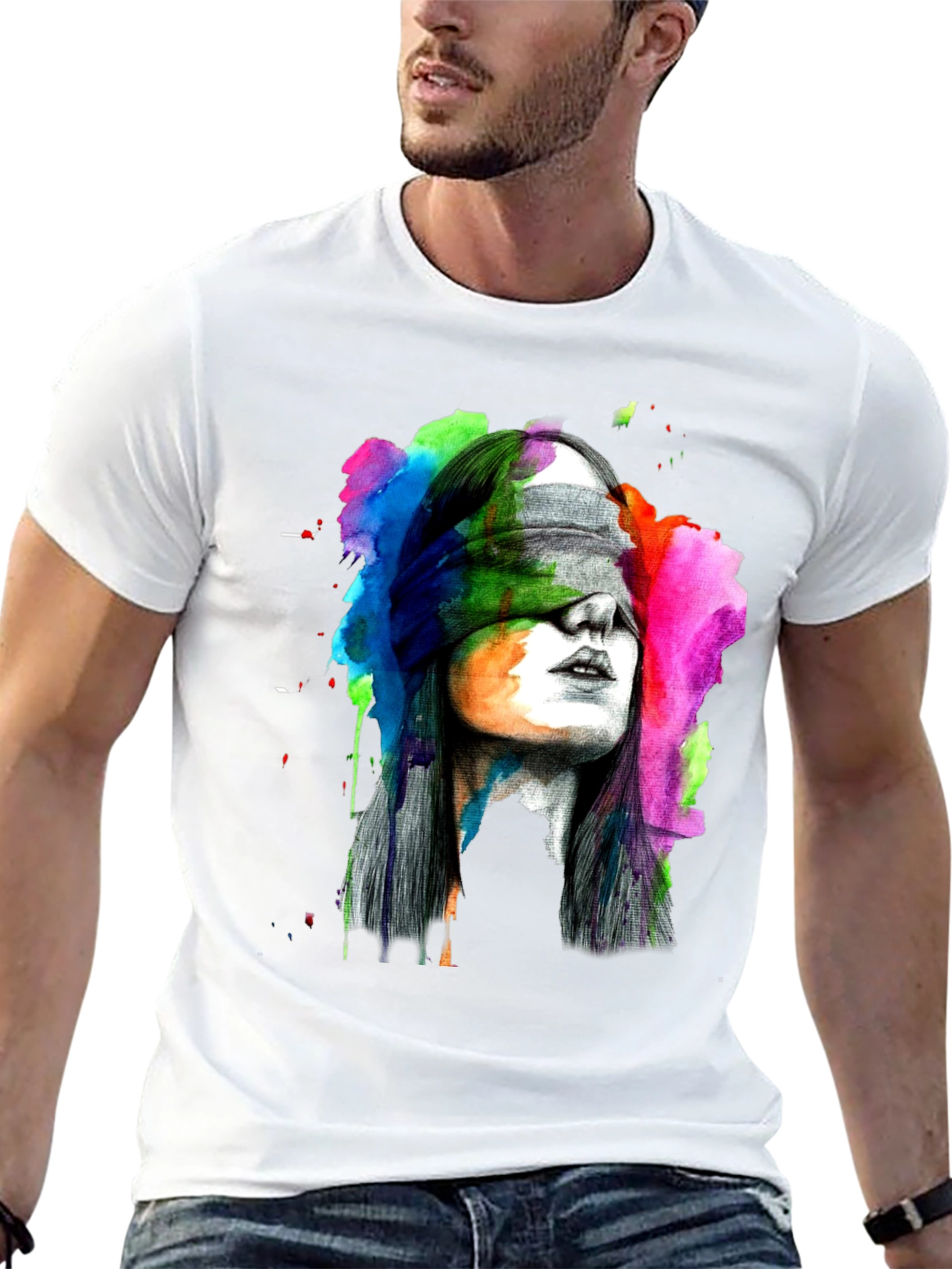 Blindfolded Woman Graphic Tee - Artistic Black T-Shirt