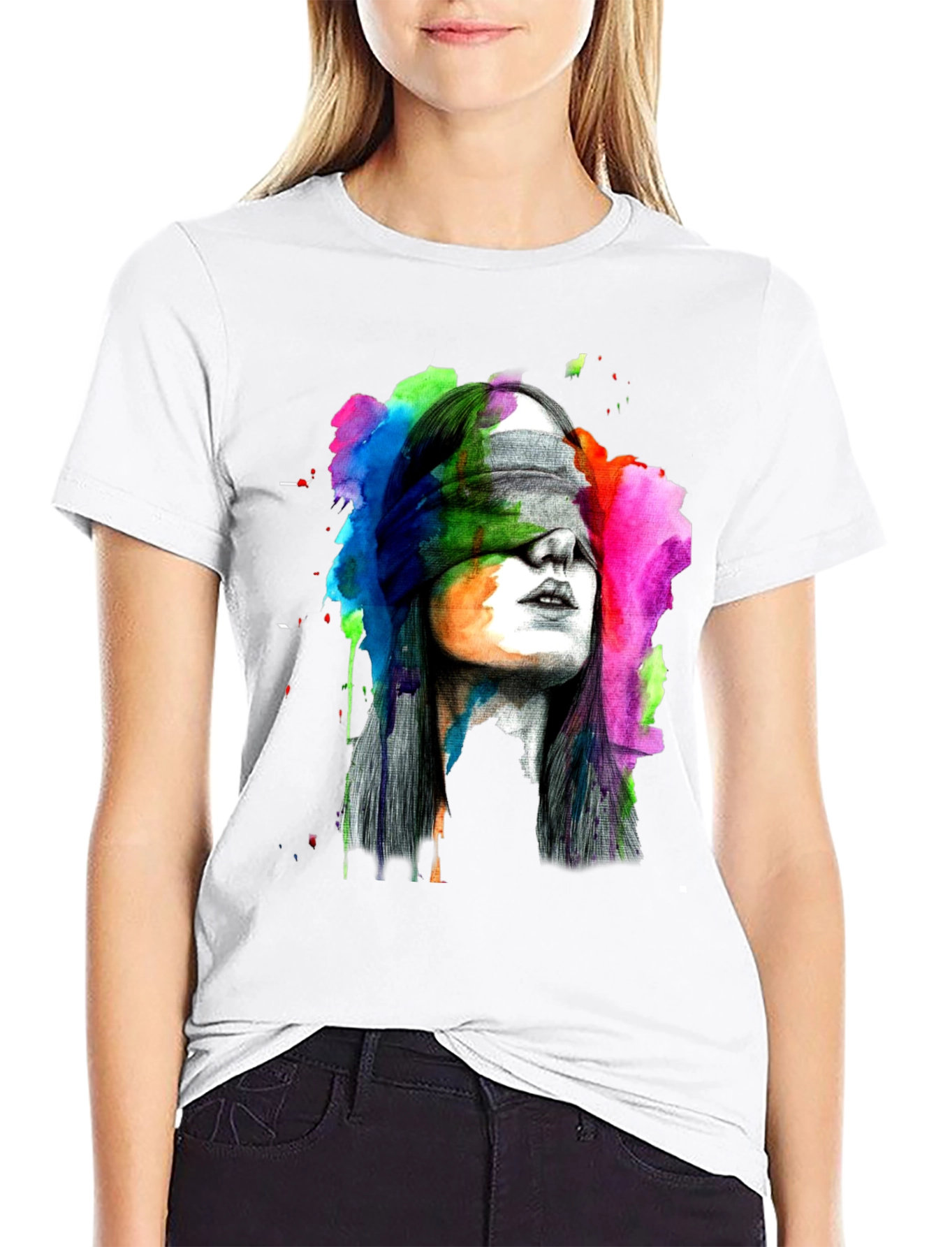 Blindfolded Woman Graphic Tee - Artistic Black T-Shirt