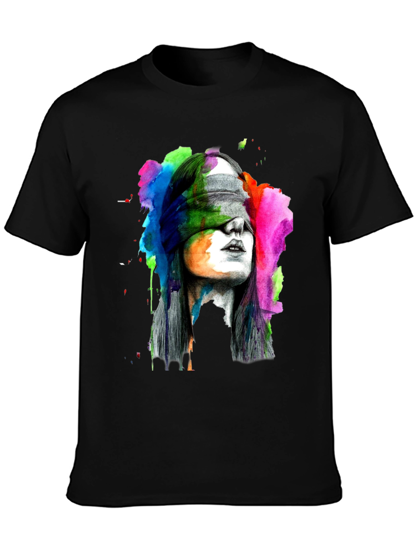 Blindfolded Woman Graphic Tee - Artistic Black T-Shirt