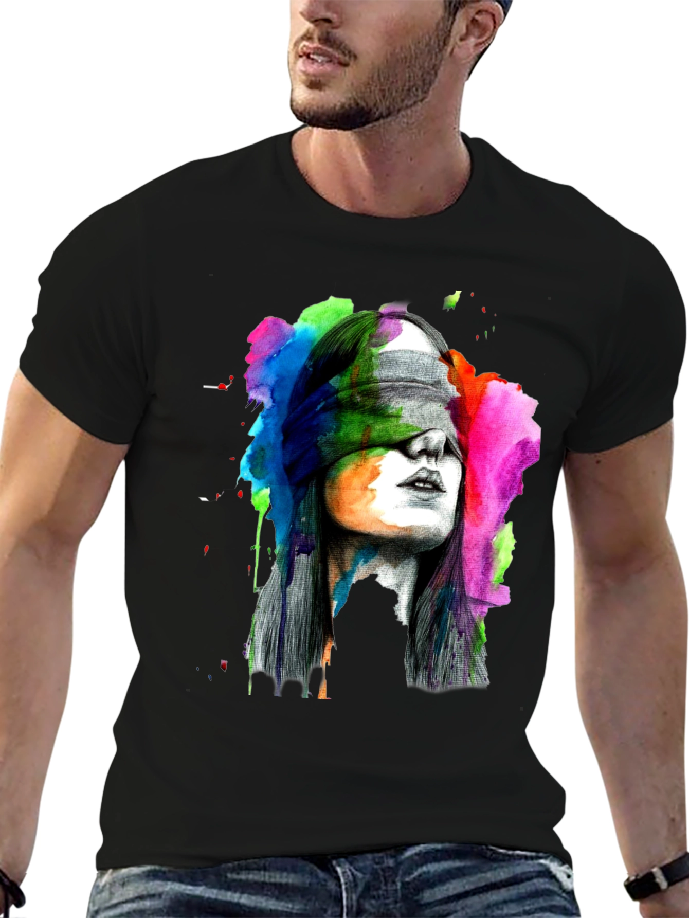 Blindfolded Woman Graphic Tee - Artistic Black T-Shirt