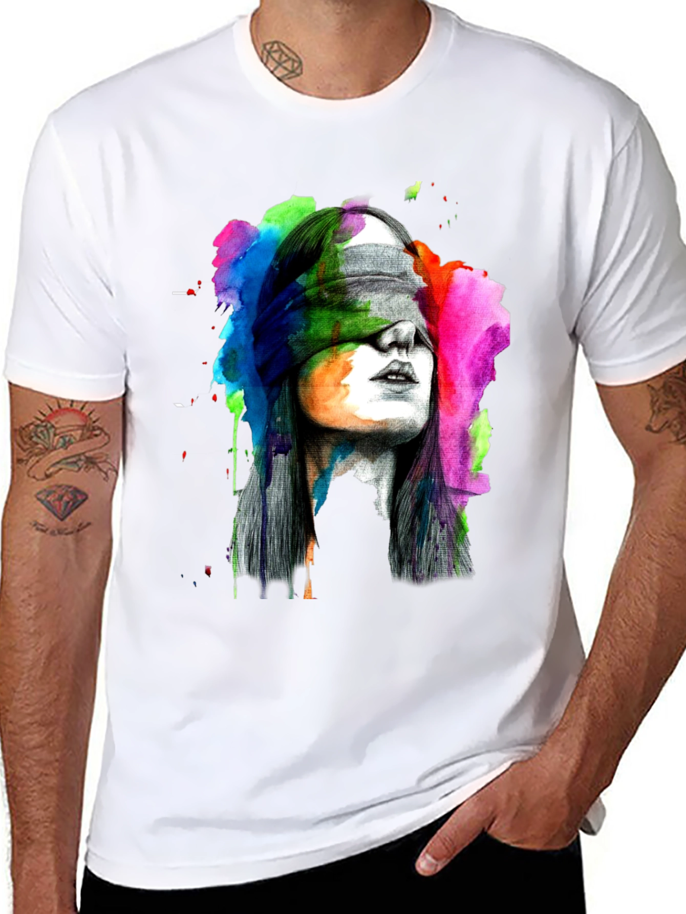 Blindfolded Woman Graphic Tee - Artistic Black T-Shirt