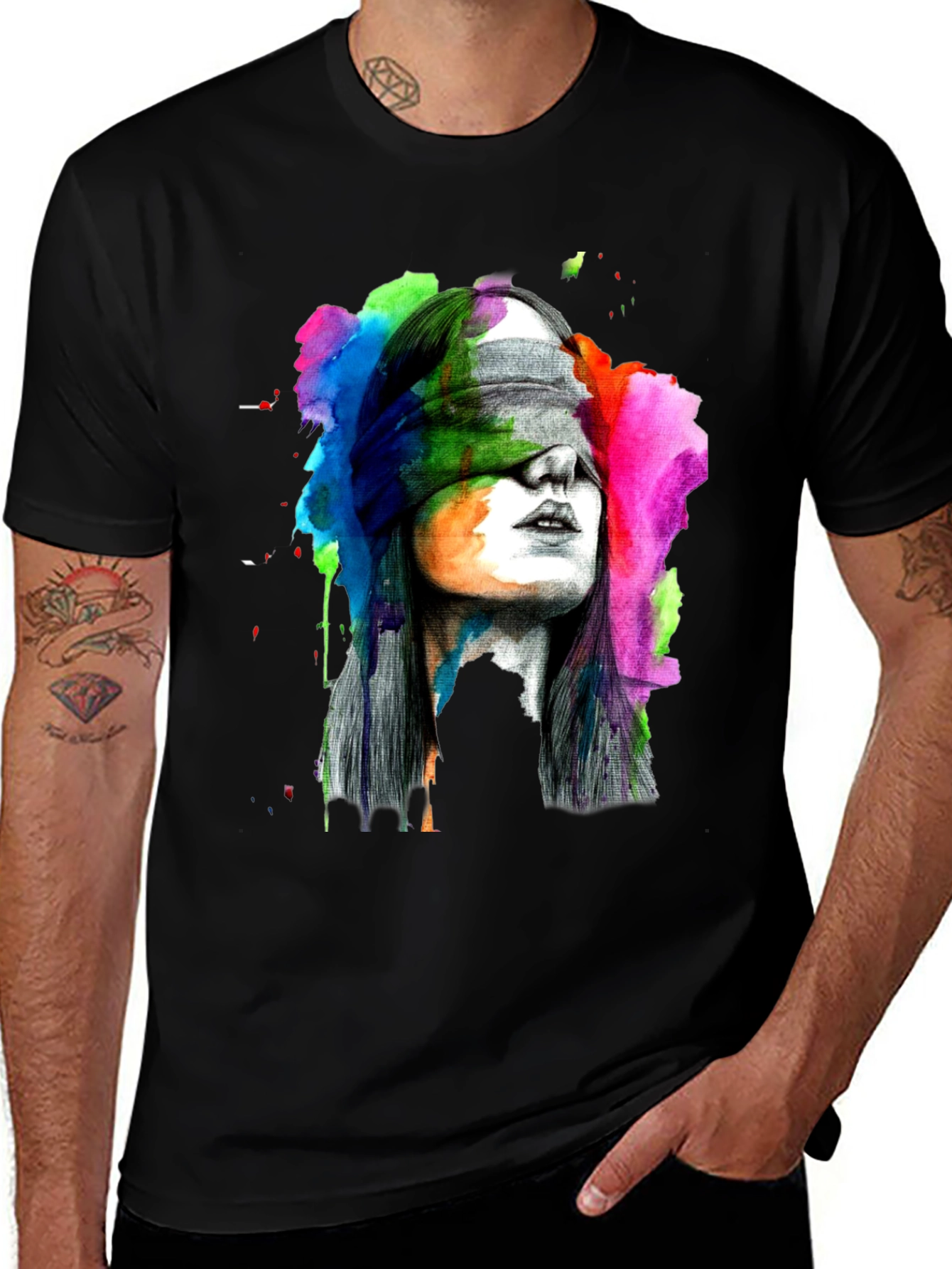 Blindfolded Woman Graphic Tee - Artistic Black T-Shirt