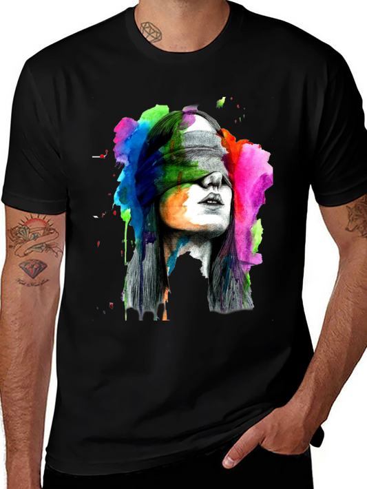 Blindfolded Woman Graphic Tee - Artistic Black T-Shirt