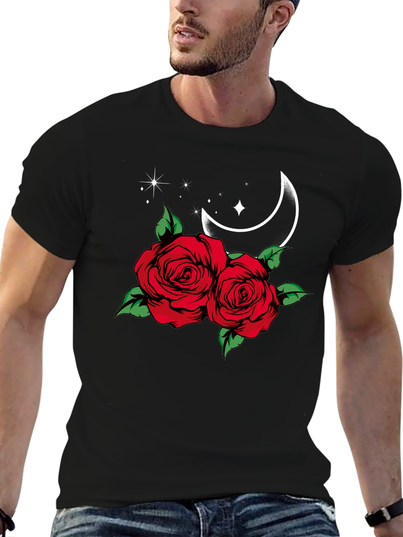 Roses Moon Star Graphic Black Tee