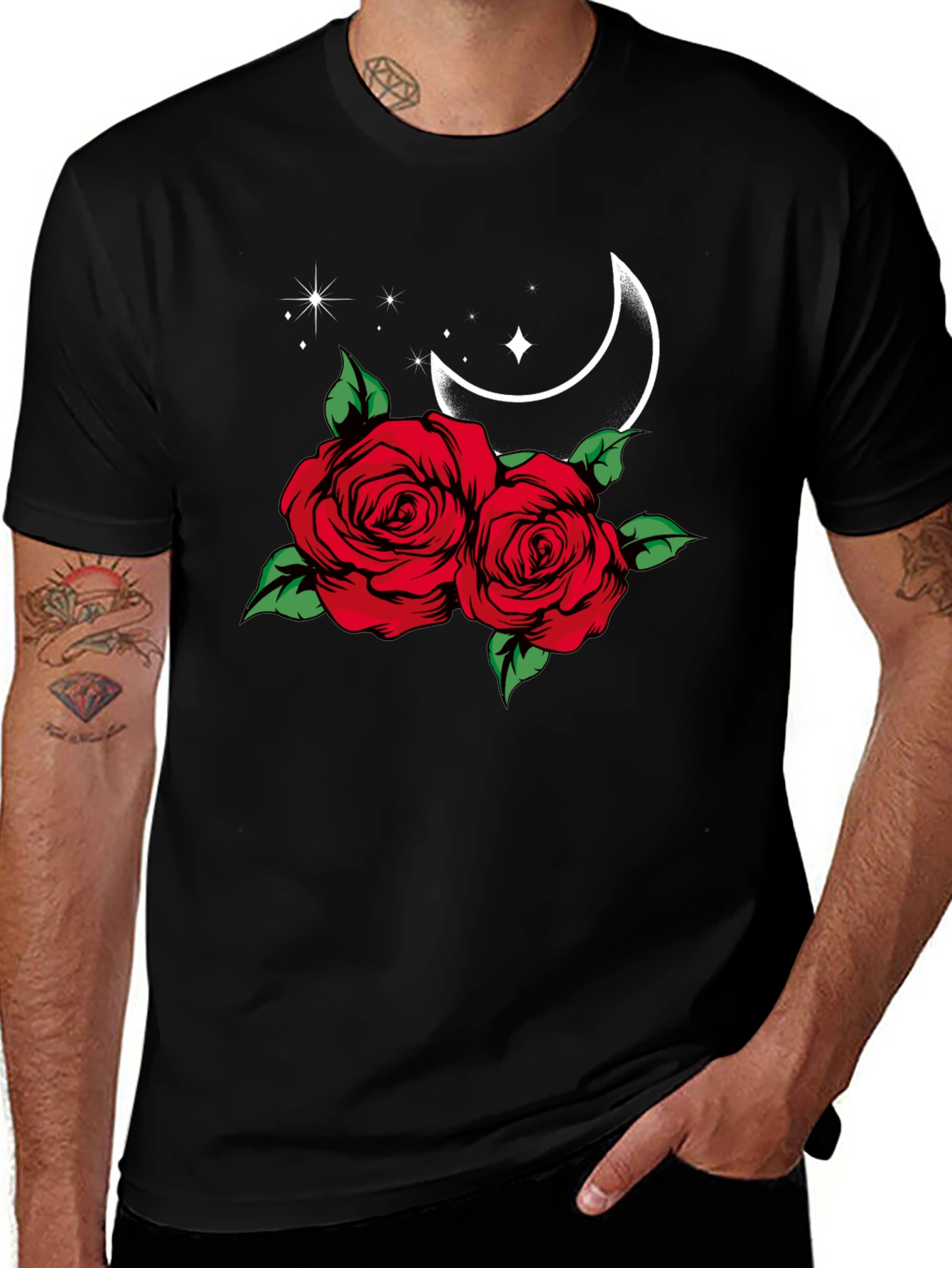 Roses Moon Star Graphic Black Tee