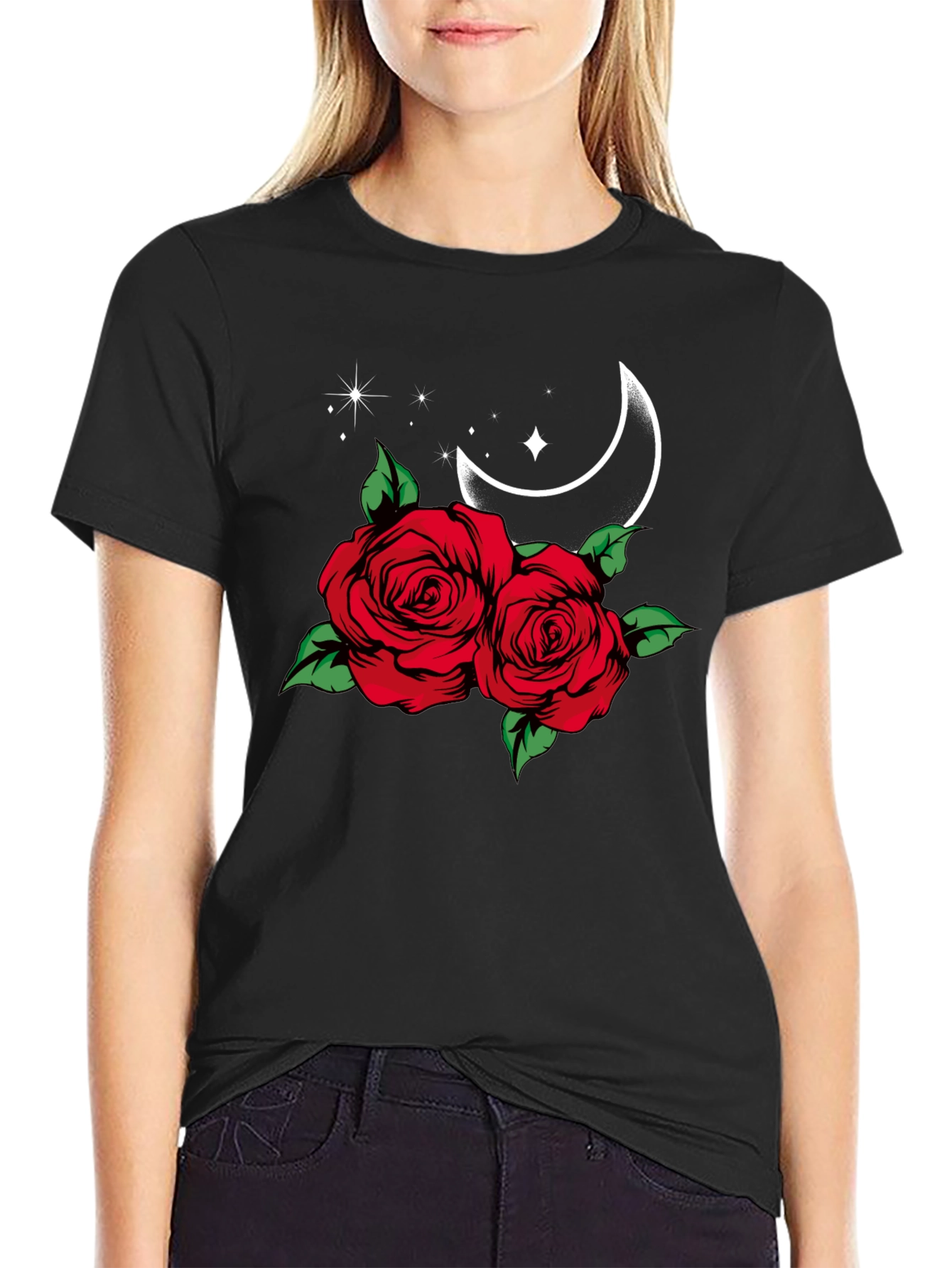 Roses Moon Star Graphic Black Tee