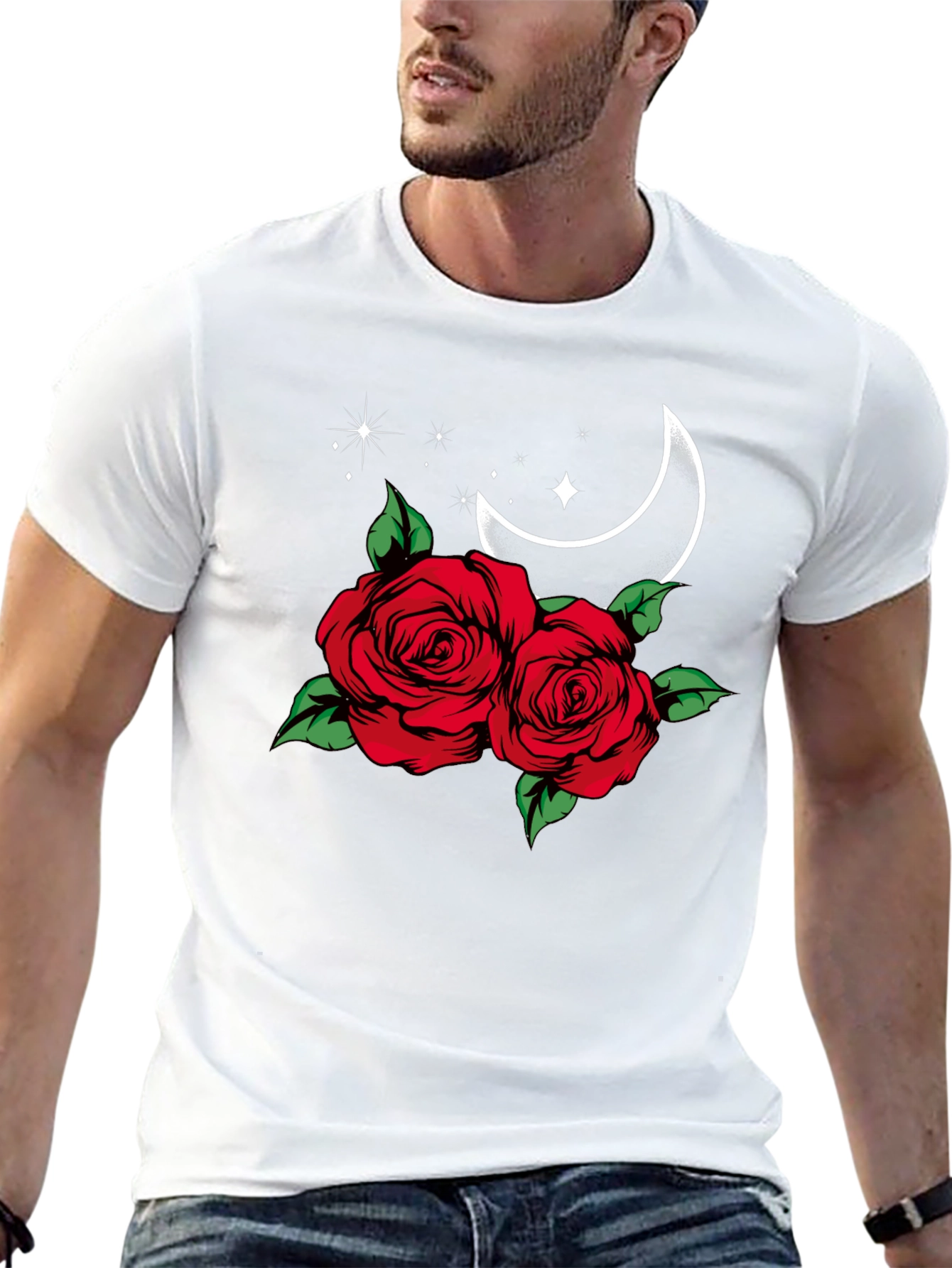 Roses Moon Star Graphic Black Tee