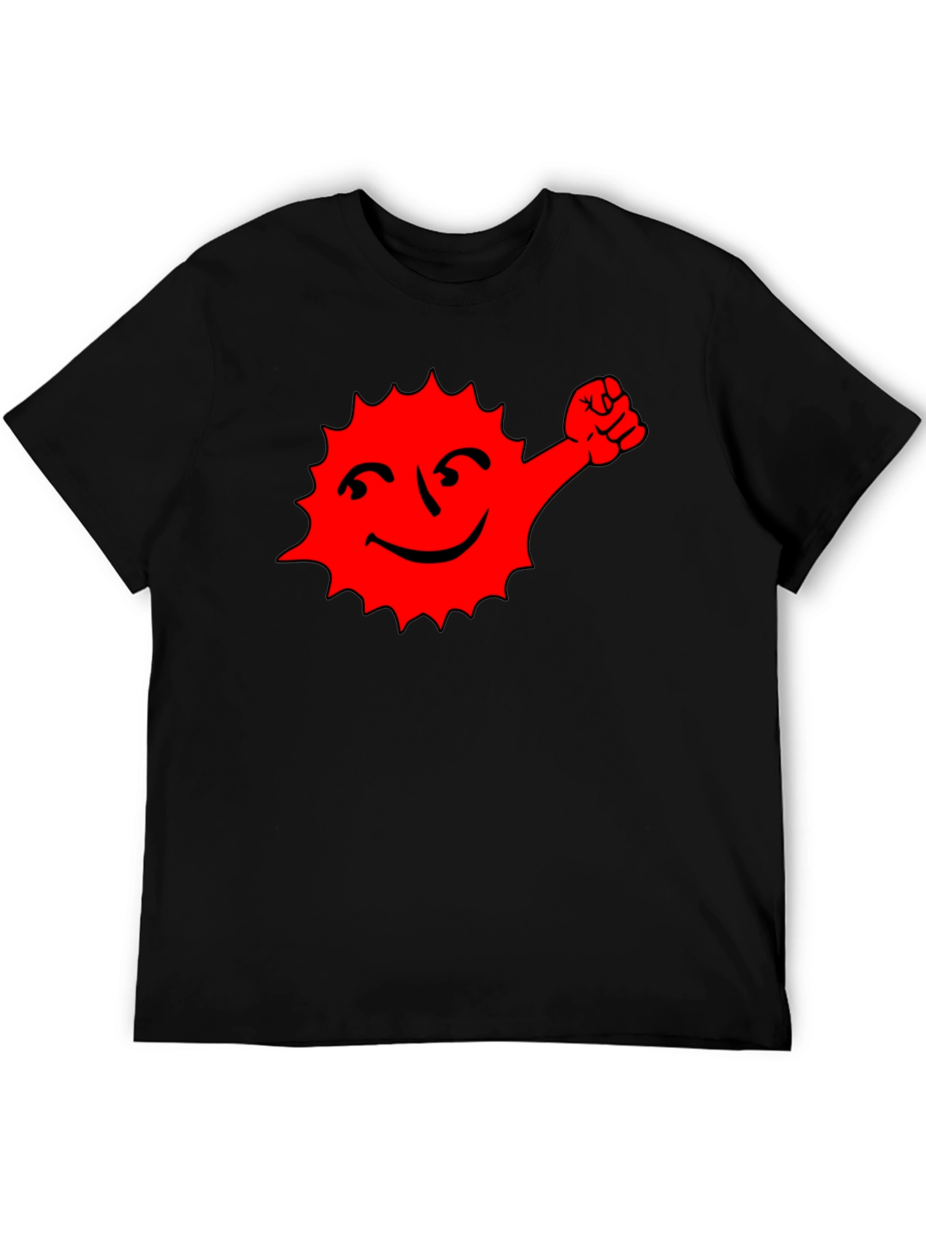 Black T-Shirt with Red Cartoon Sun Graphic