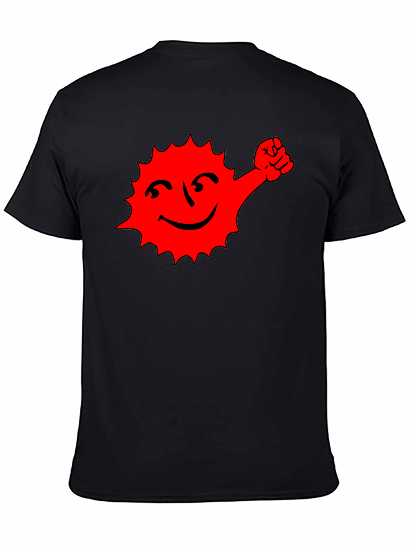 Black T-Shirt with Red Cartoon Sun Graphic