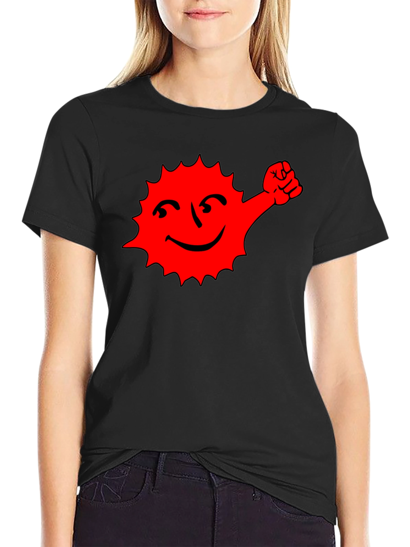 Black T-Shirt with Red Cartoon Sun Graphic