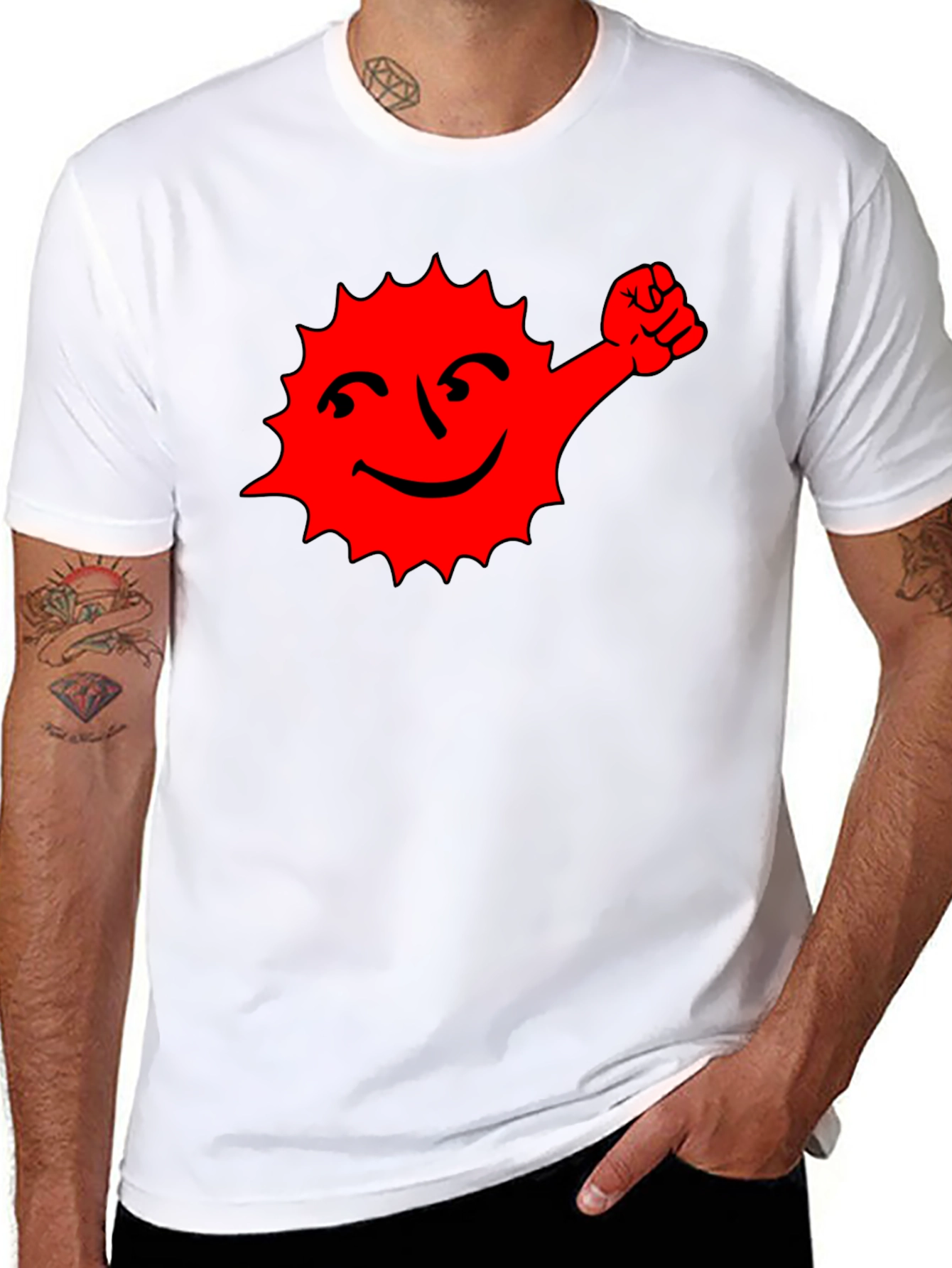 Black T-Shirt with Red Cartoon Sun Graphic
