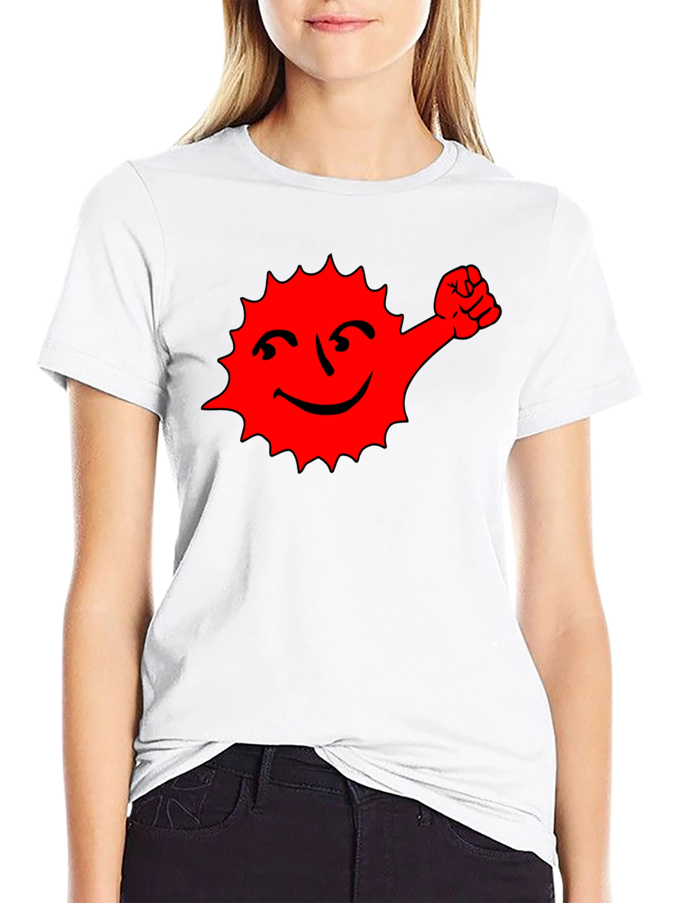 Black T-Shirt with Red Cartoon Sun Graphic