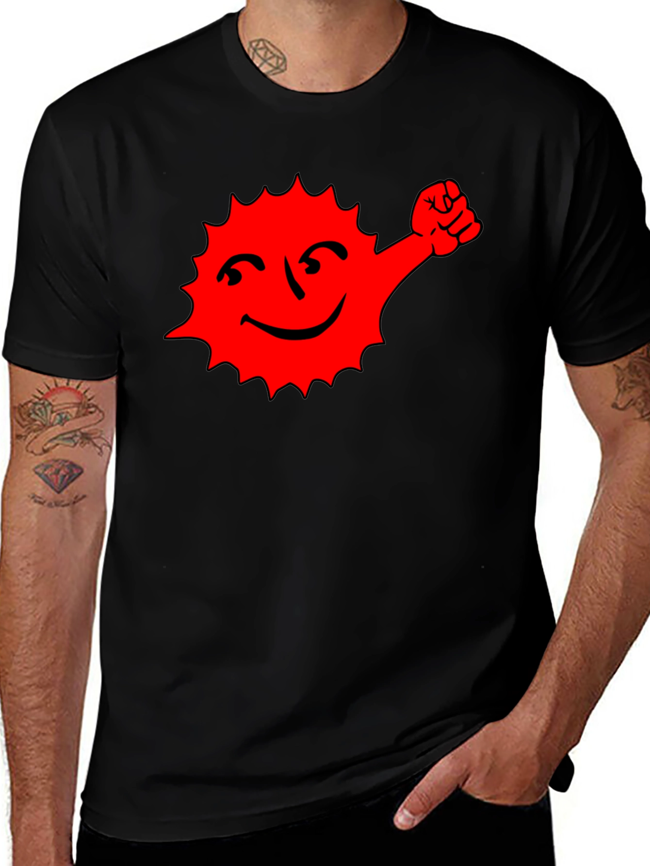 Black T-Shirt with Red Cartoon Sun Graphic