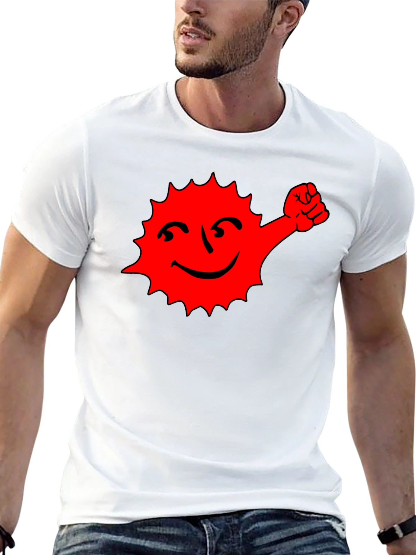 Black T-Shirt with Red Cartoon Sun Graphic