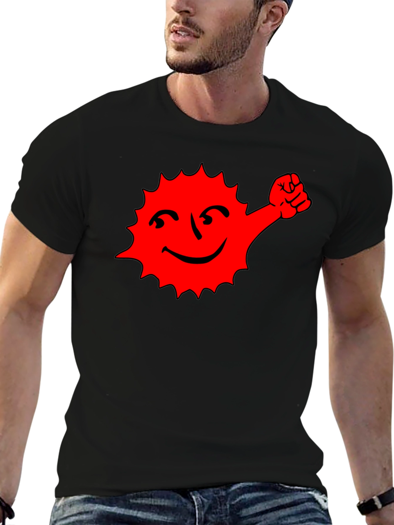 Black T-Shirt with Red Cartoon Sun Graphic
