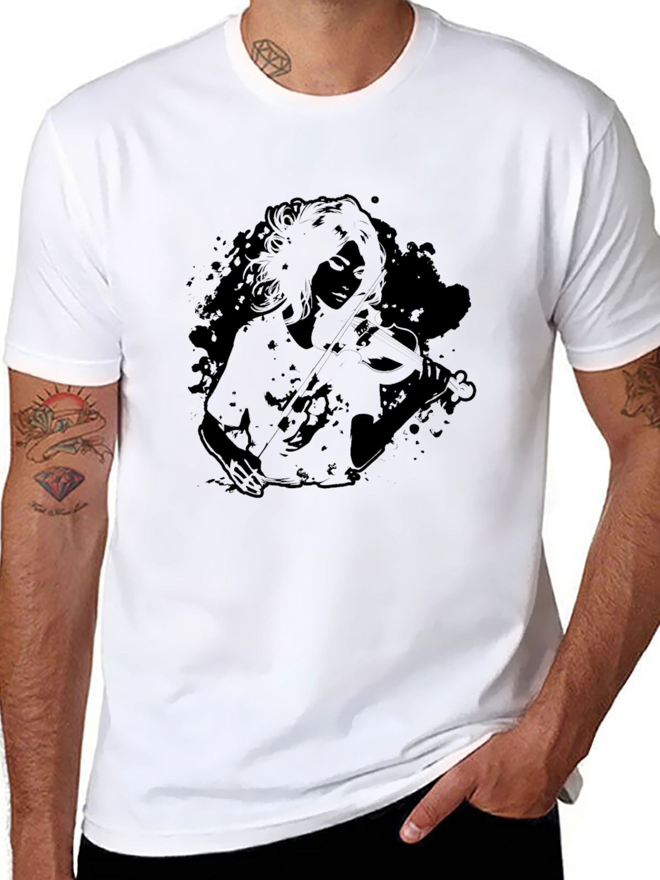 Black Graphic Tee - Woman Playing Violin