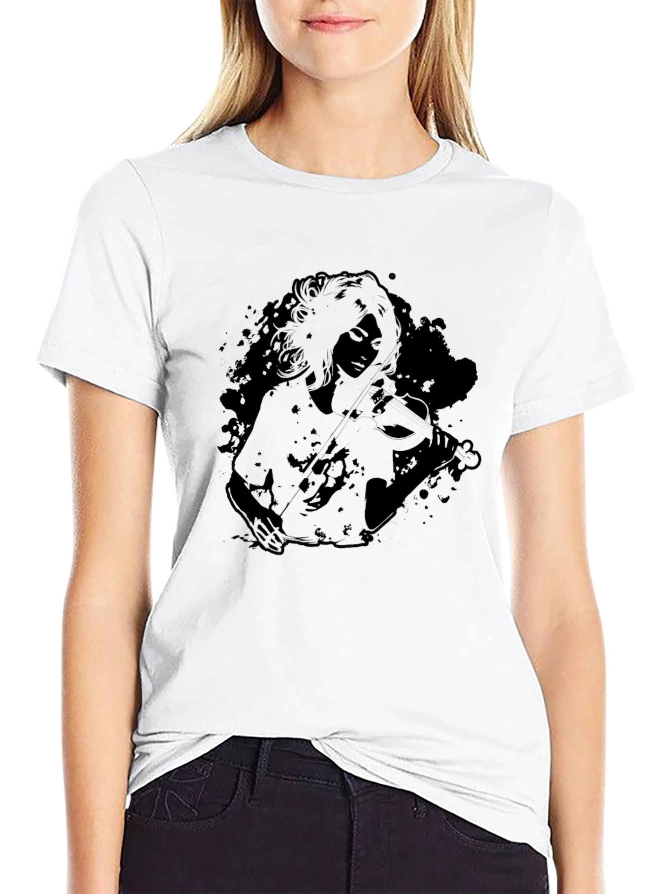 Black Graphic Tee - Woman Playing Violin