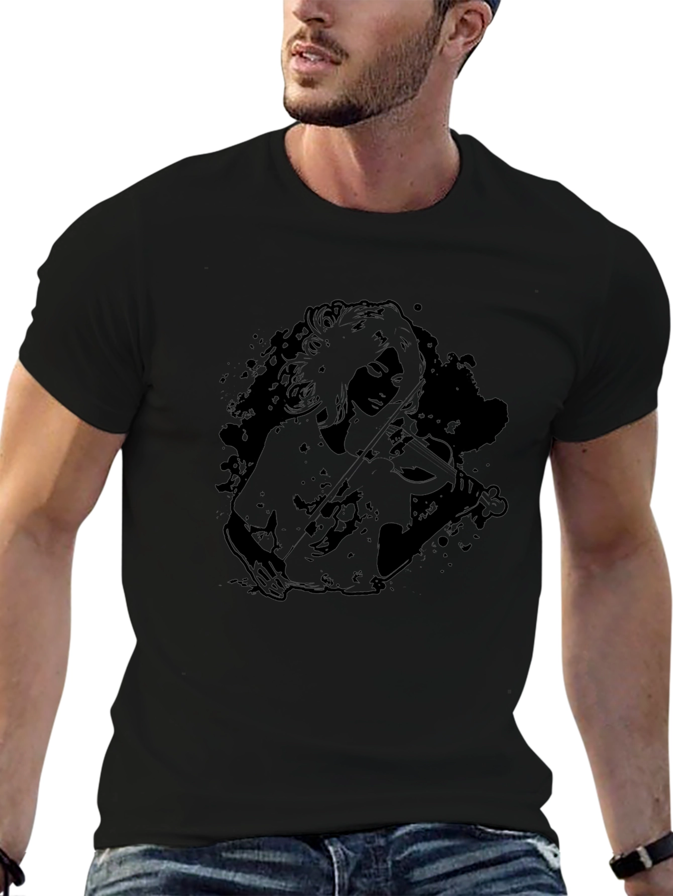 Black Graphic Tee - Woman Playing Violin