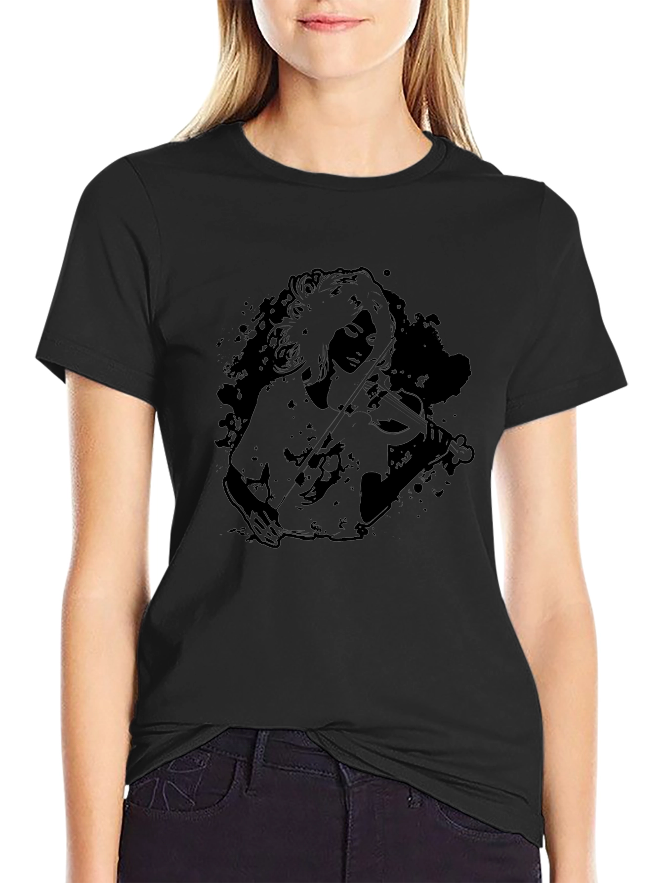 Black Graphic Tee - Woman Playing Violin