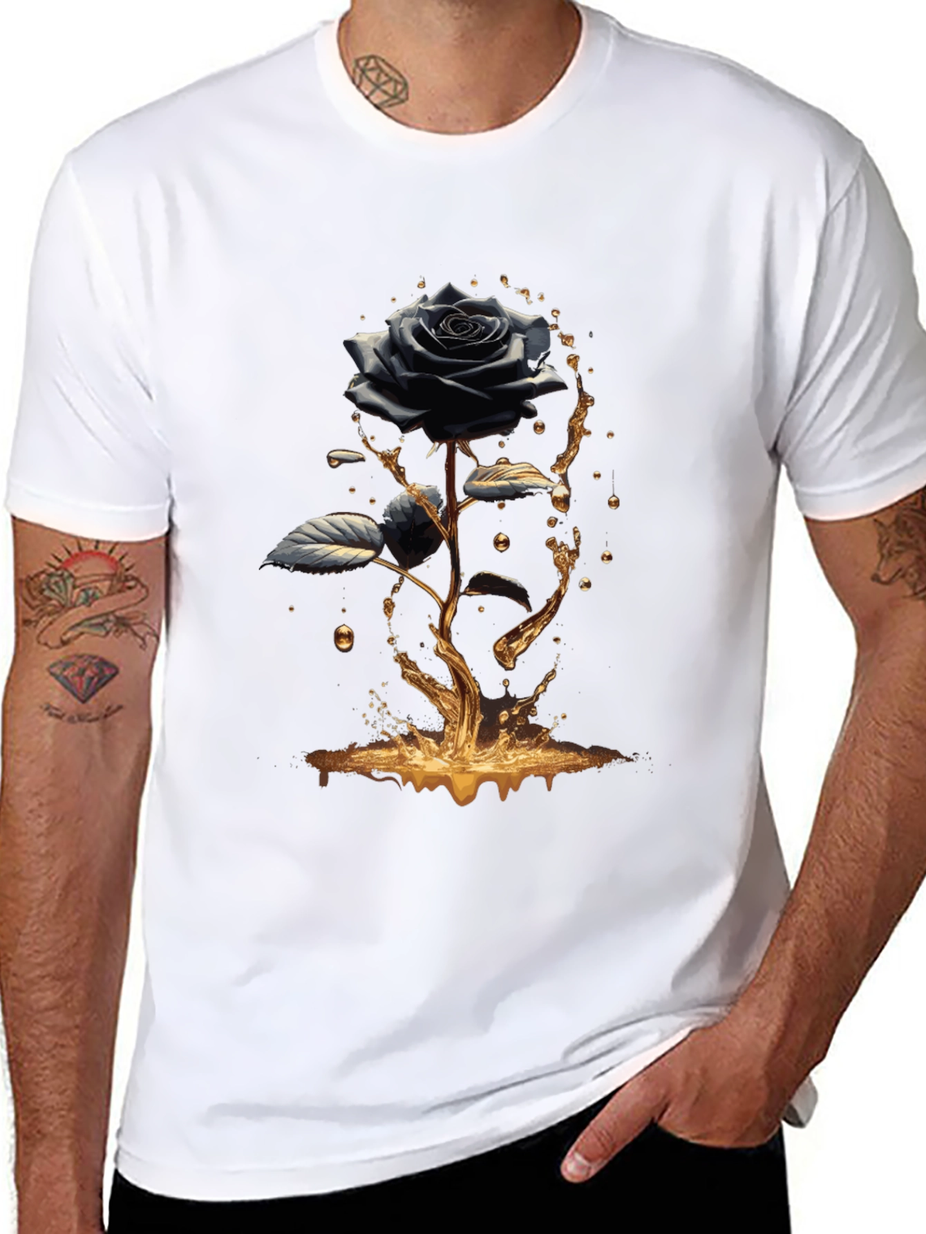 Black Rose Graphic Tee - Elegant Mens T-Shirt