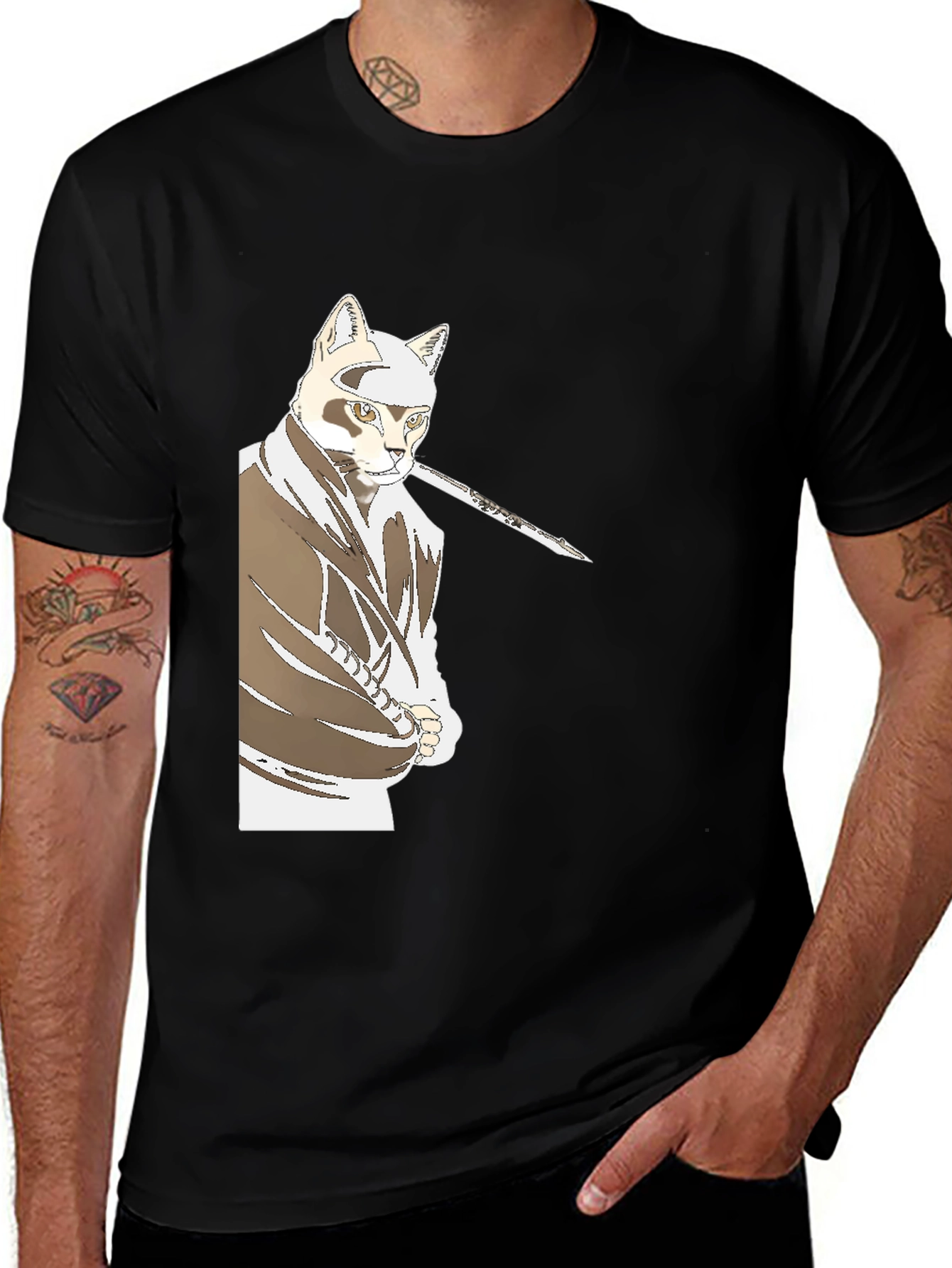 Samurai Cat T-Shirt - Black Graphic Tee