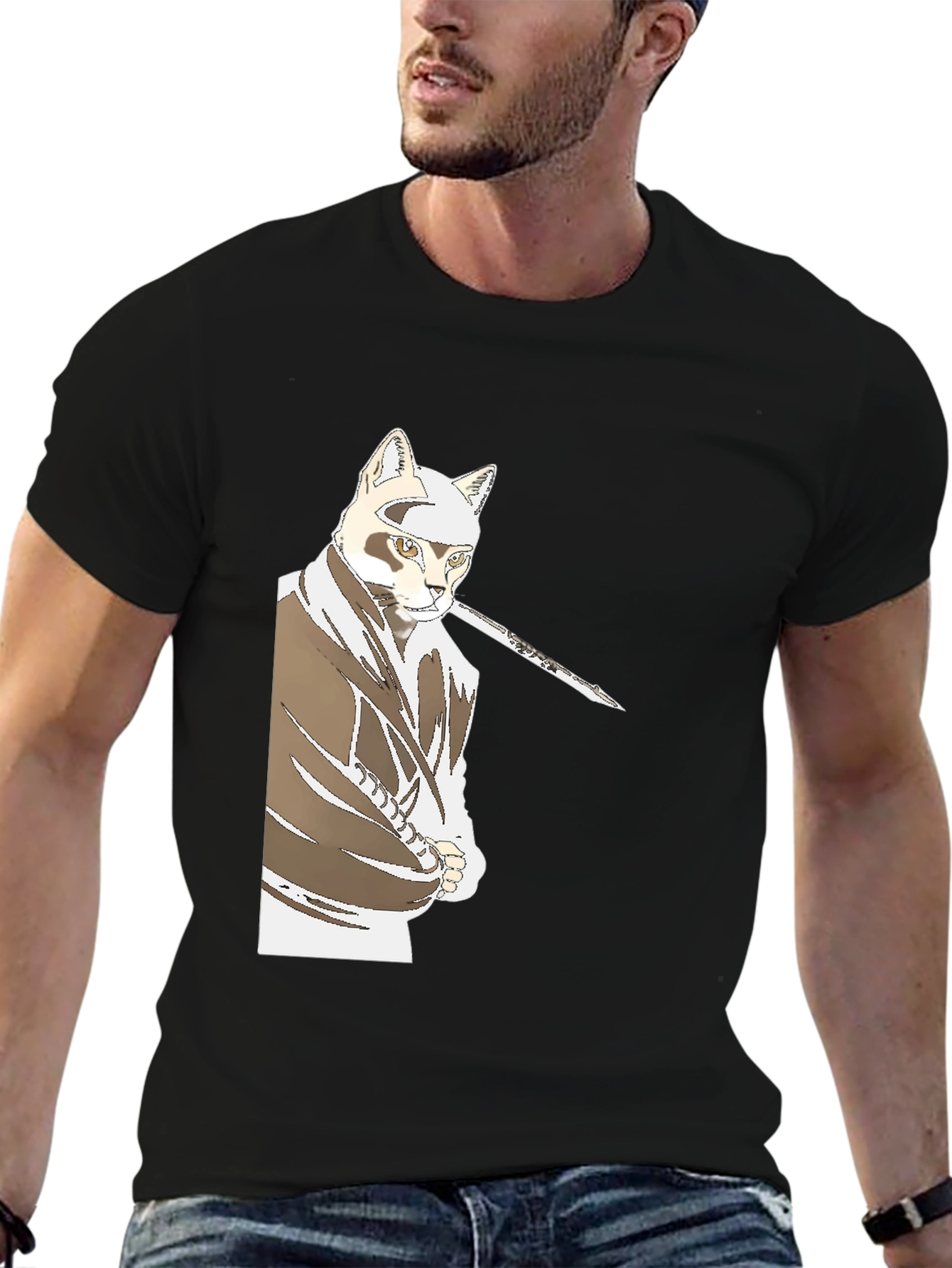 Samurai Cat T-Shirt - Black Graphic Tee