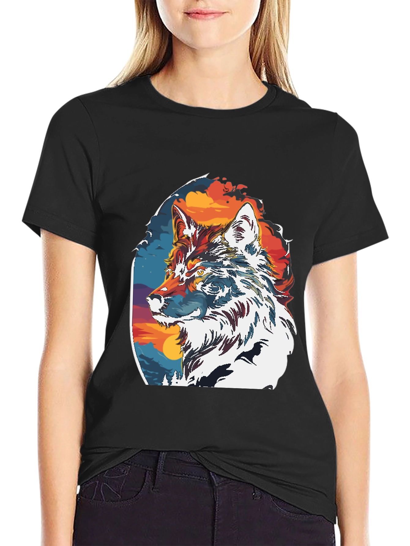 Wolf Graphic Print Crew Neck T-Shirt